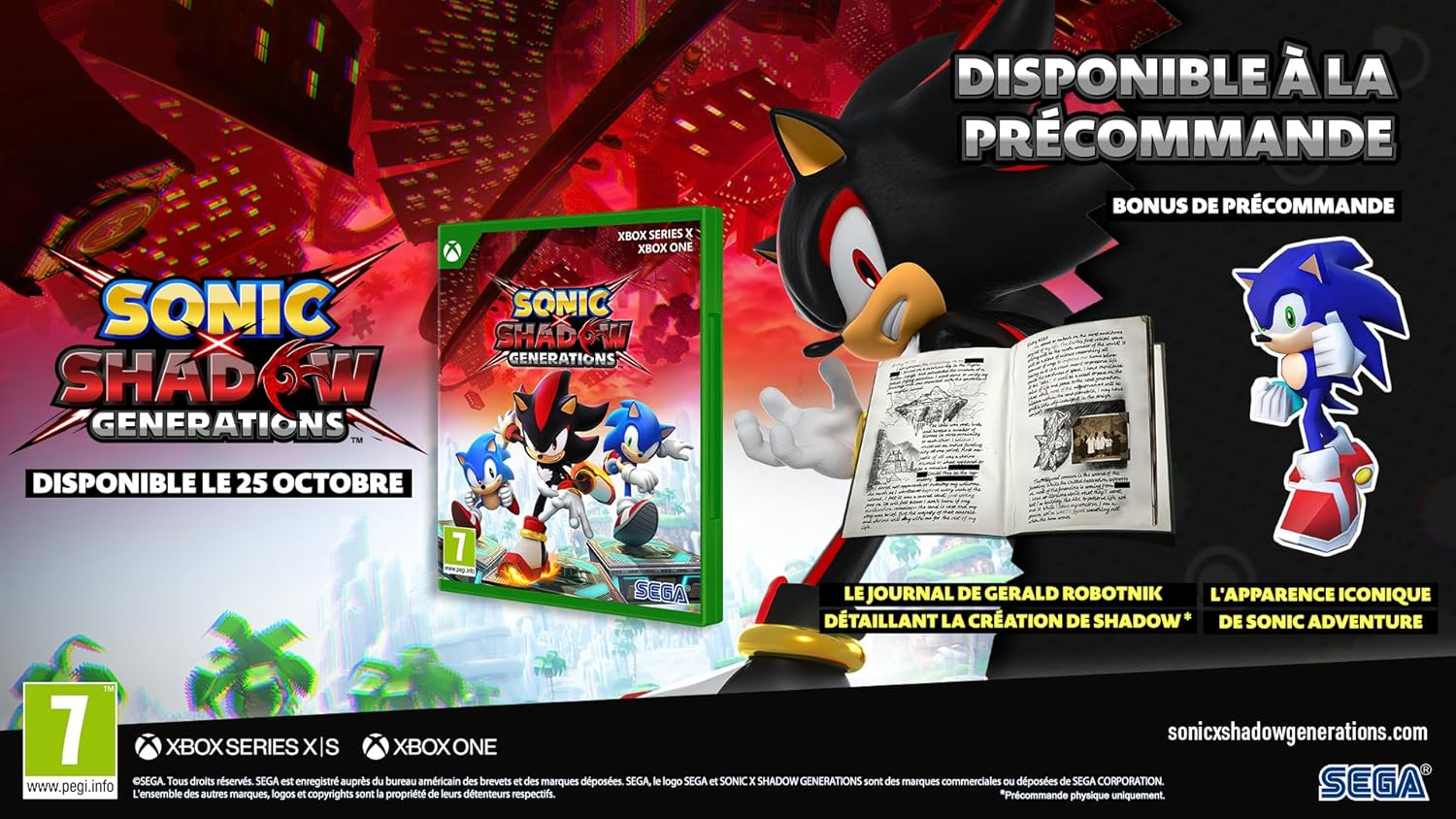 Publicité de jeu vidéo avec Sonic et Shadow. La boîte de jeu est visible.