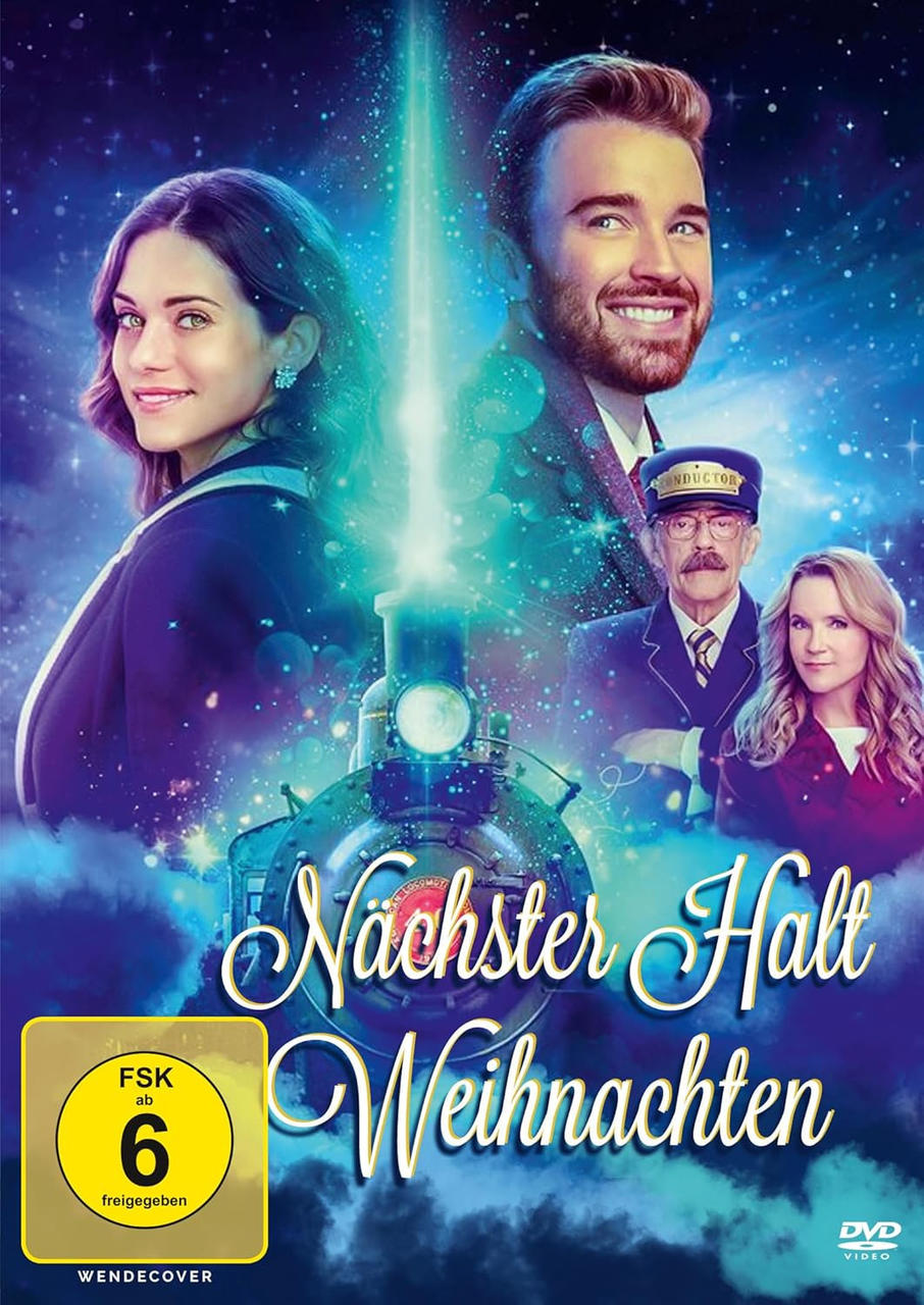 Filmplakat: Ein Zug mit einem Mann und einer Frau. Titel: Nächster Halt Weihnachten.