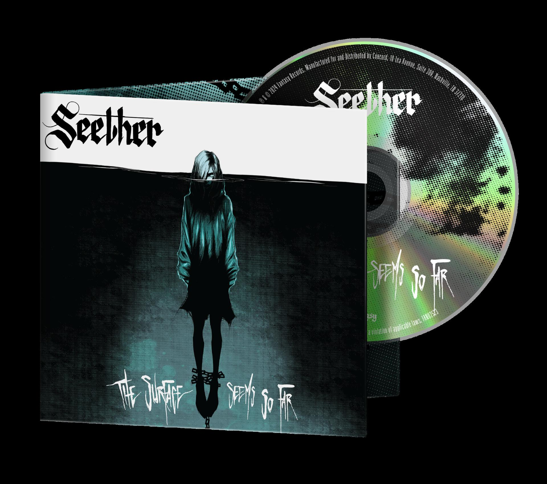Seether-Albumcover mit Person, Albumname und CD auf schwarzem Hintergrund.
