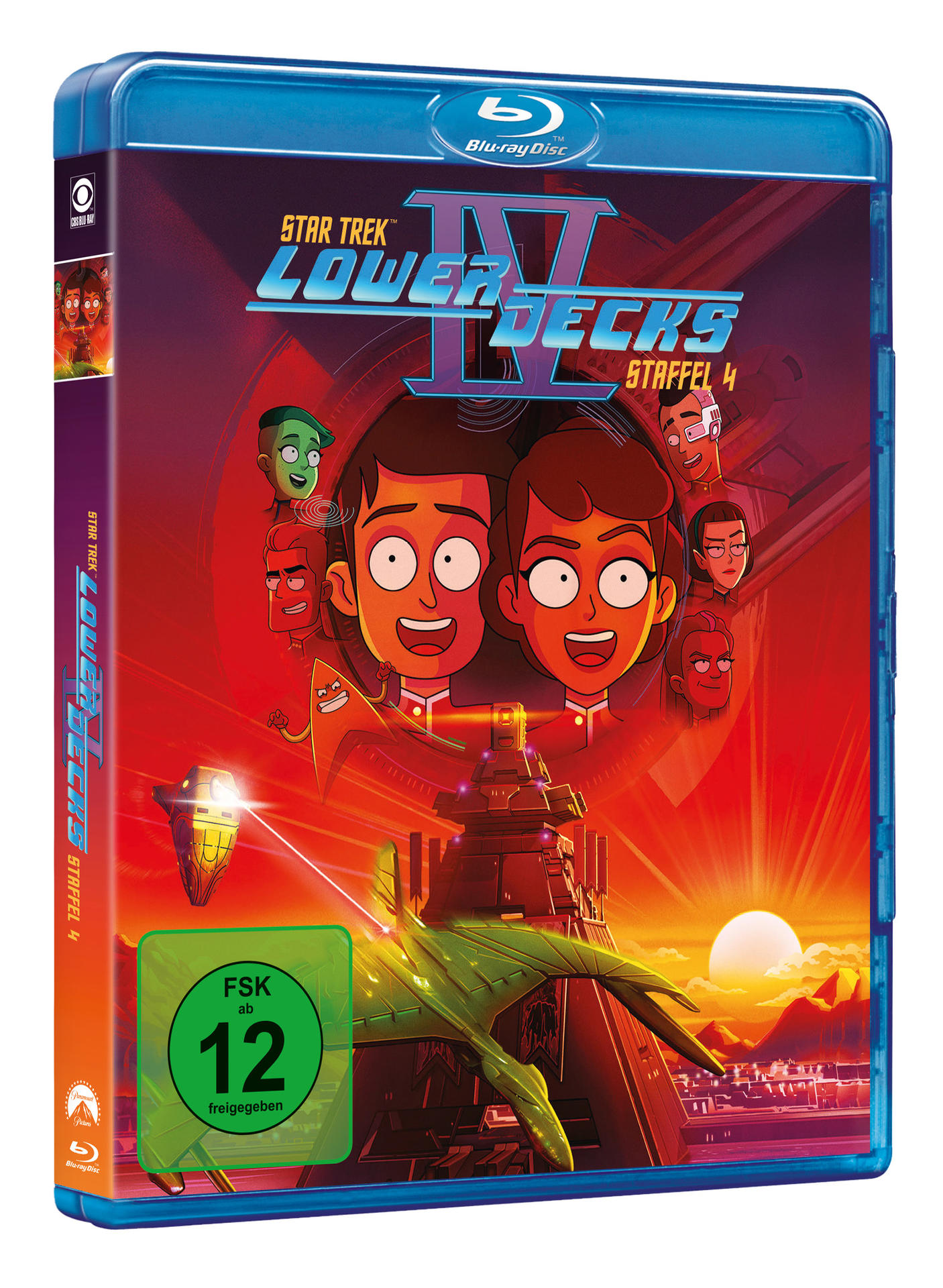 Blu-ray-Hülle: Star Trek Lower Decks, Cartoon-Charaktere, Raumschiff, Sonnenuntergang.