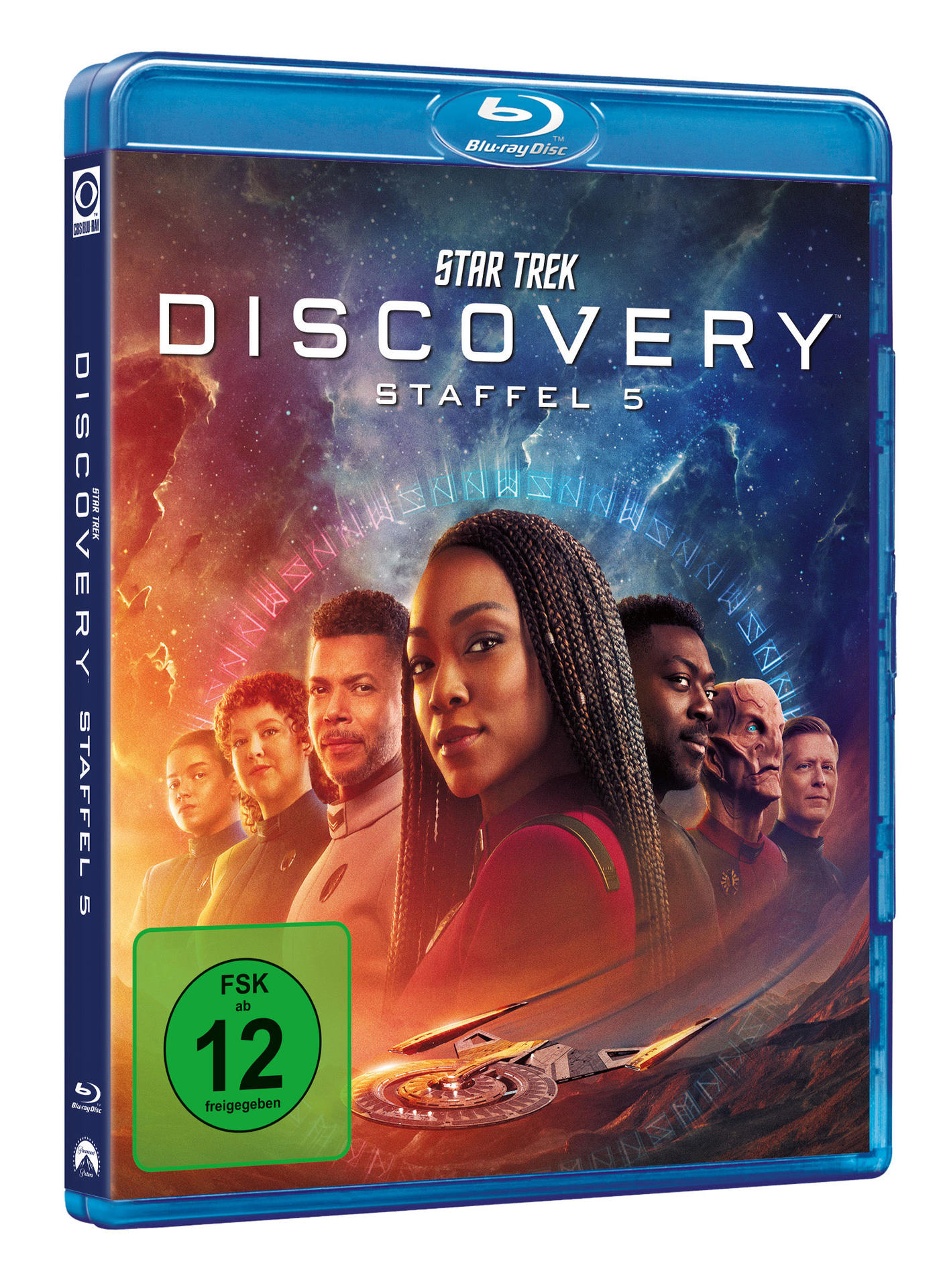 Blu-ray-Disc-Cover von Star Trek: Discovery, Staffel 5, mit Porträts der Besetzung und Raumschiff.
