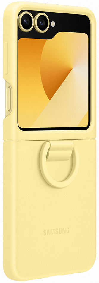 Żółte etui na telefon Samsung, złożone. Ma pierścień i wycięcia na aparat.