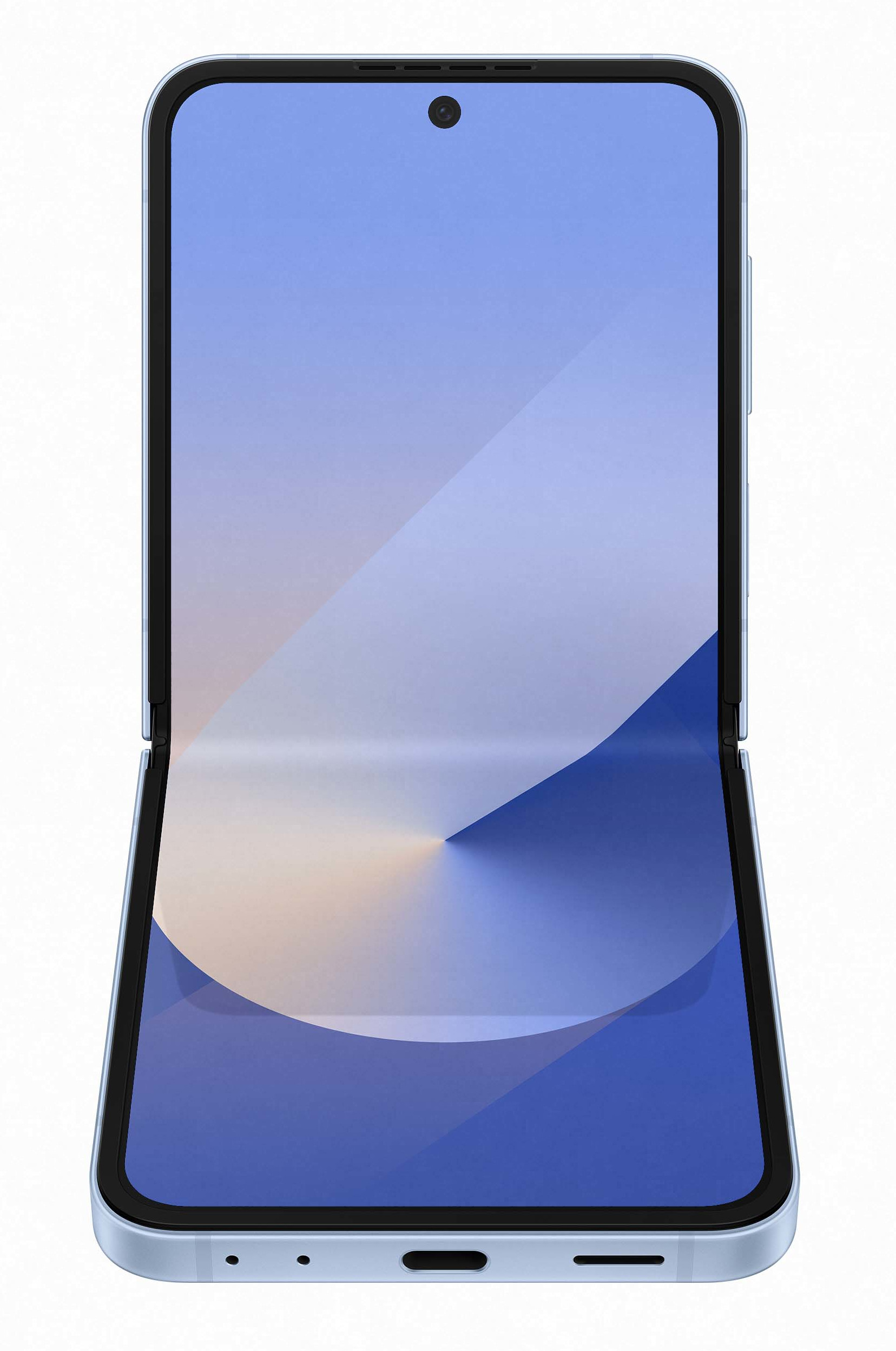 Niebieski smartfon, rozłożony, pokazujący wewnętrzny ekran i górny aparat, białe tło.