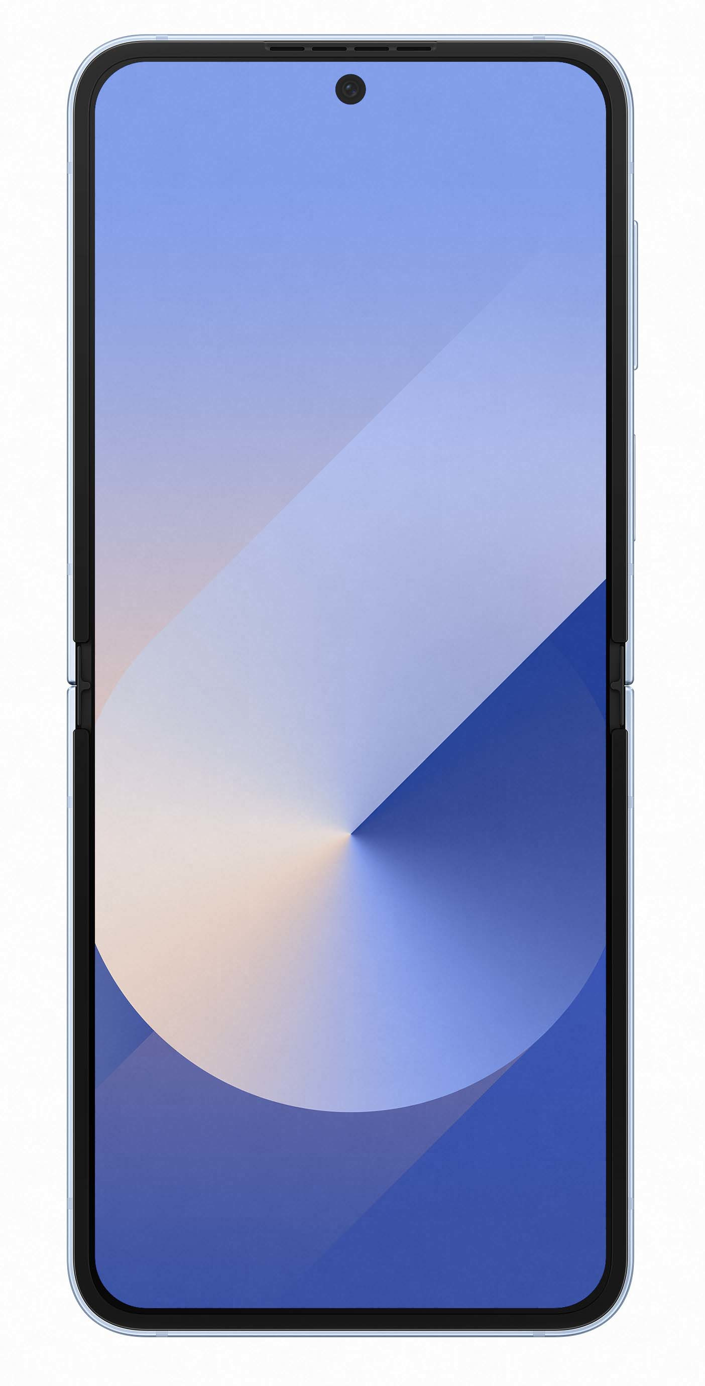 Złożony telefon z niebieskim ekranem pokazującym gradientowy wzór, białe tło.