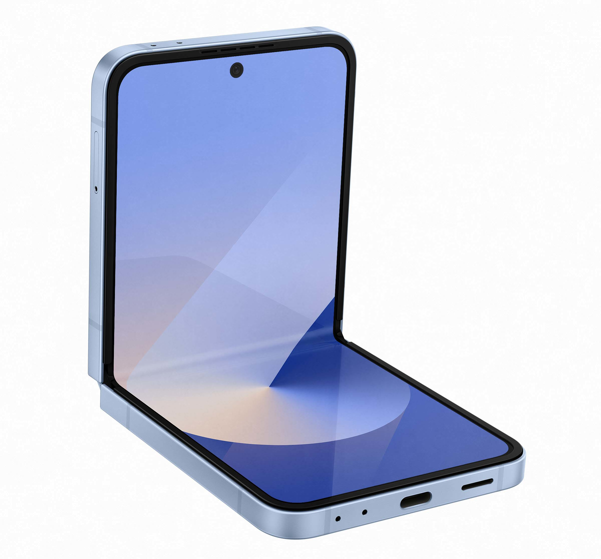 Jasnoniebieski składany smartfon, otwarty, pokazujący niebiesko-biały ekran.