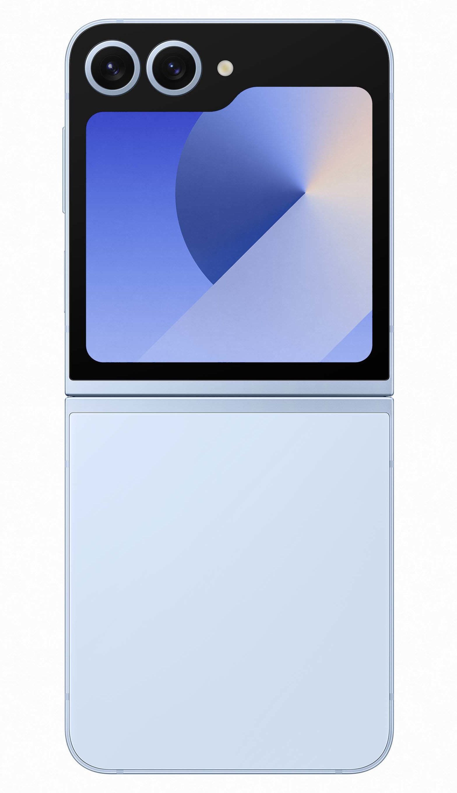 Niebieski składany telefon jest otwarty, pokazując niebiesko-biały ekran.