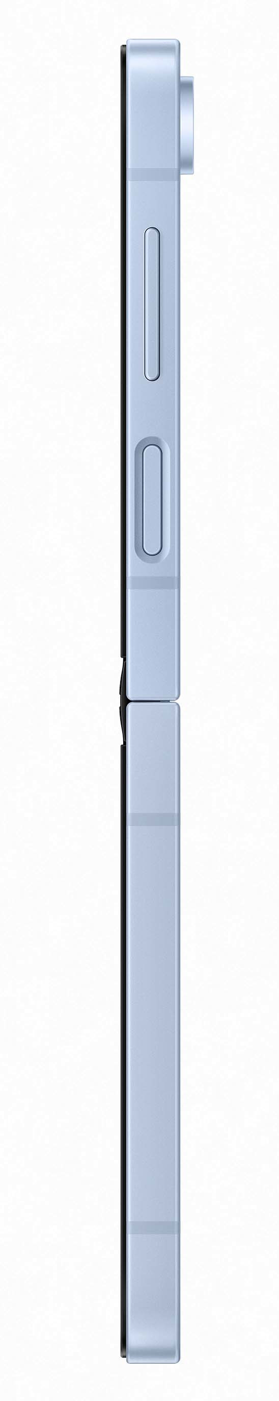 Niebieski telefon, widok z boku, widoczne przyciski, białe tło.