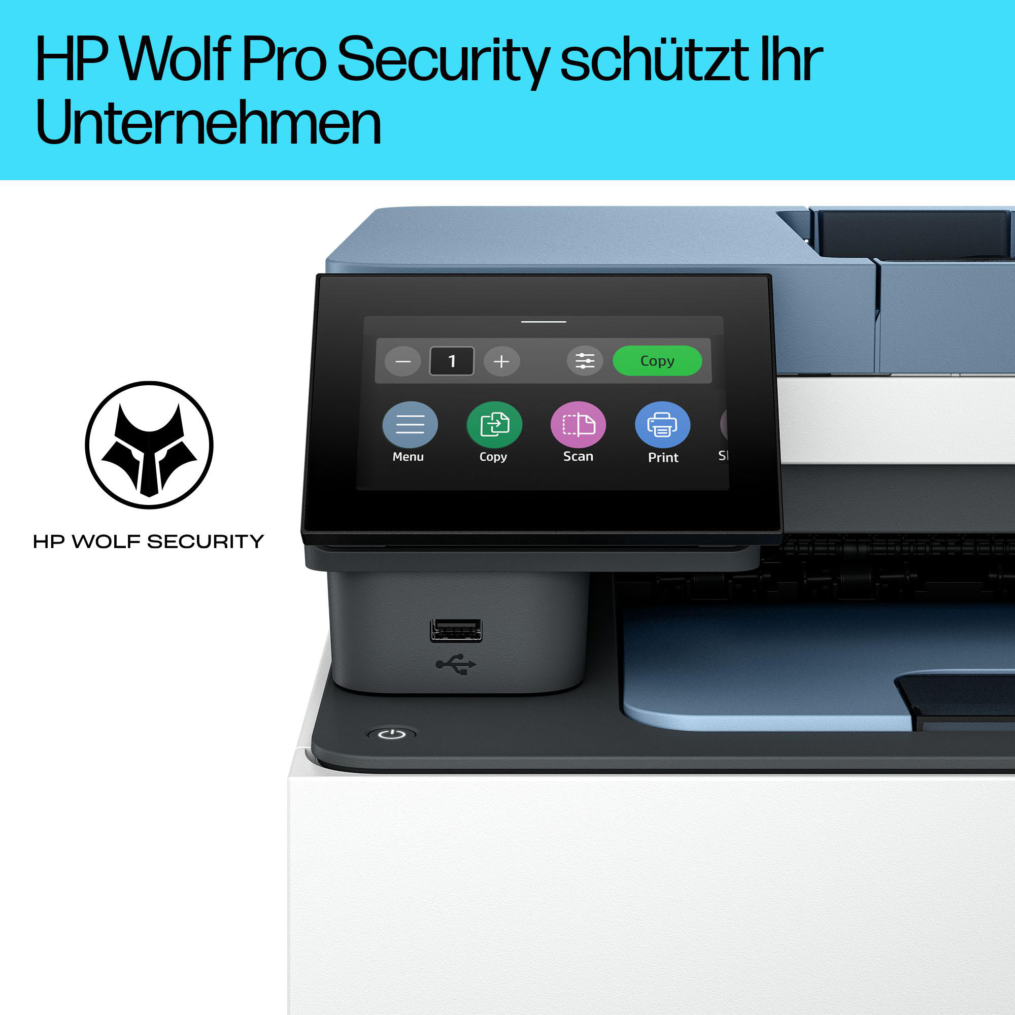 Ein HP Wolf Pro Security Drucker mit einem Bildschirm, der Optionen und das HP-Logo anzeigt.