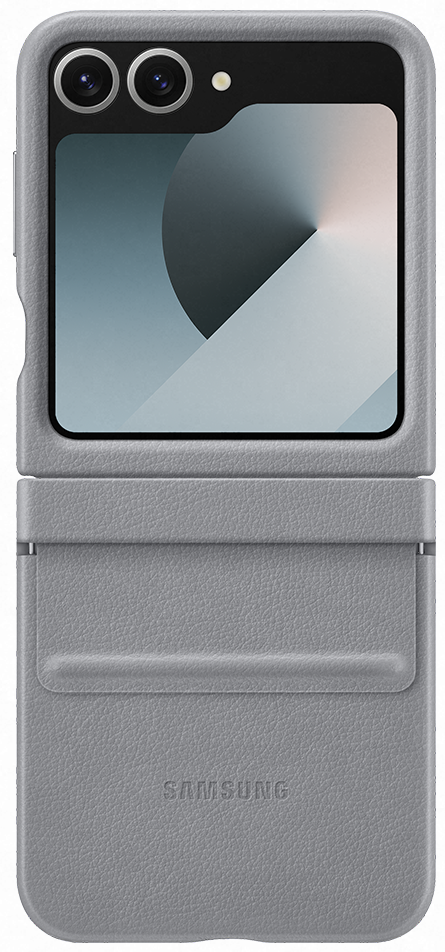 Szare etui na telefon Samsung Galaxy Z Flip, otwarte, aby pokazać ekran.