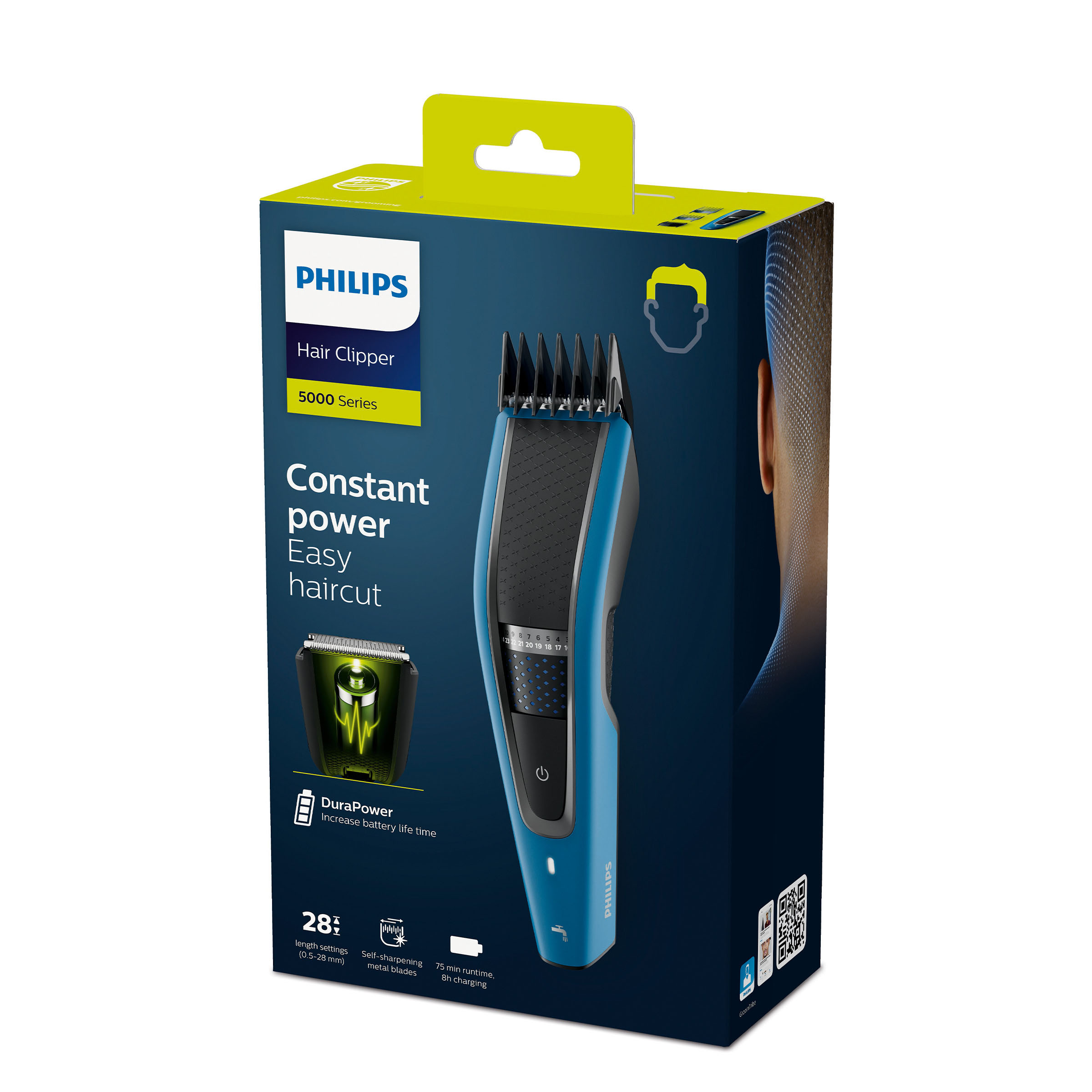 Zapakowana maszynka do włosów Philips, niebiesko-czarna, z tekstem i zdjęciem.