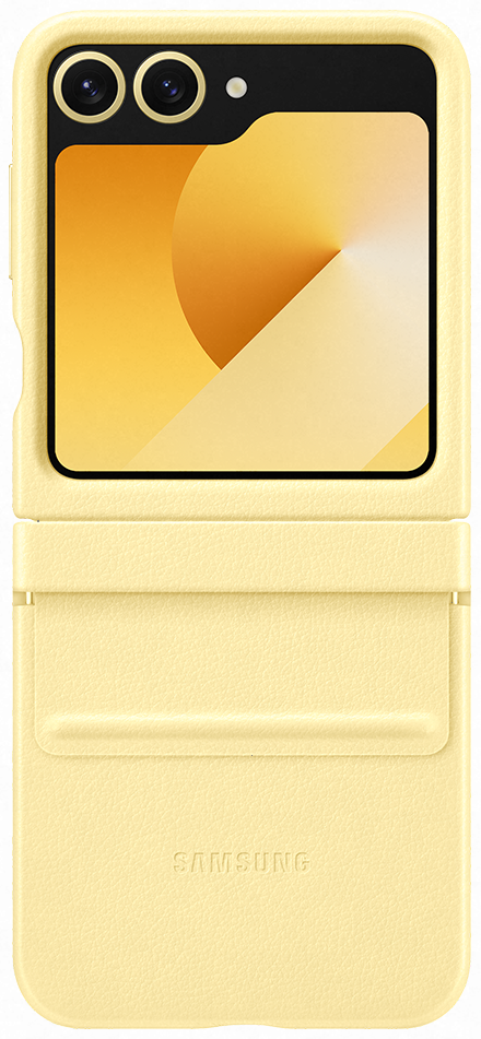 Żółte etui na telefon Samsung, otwarte. Górna część ma obiektywy aparatu i ekran. Dolna ma kieszeń i tekst.