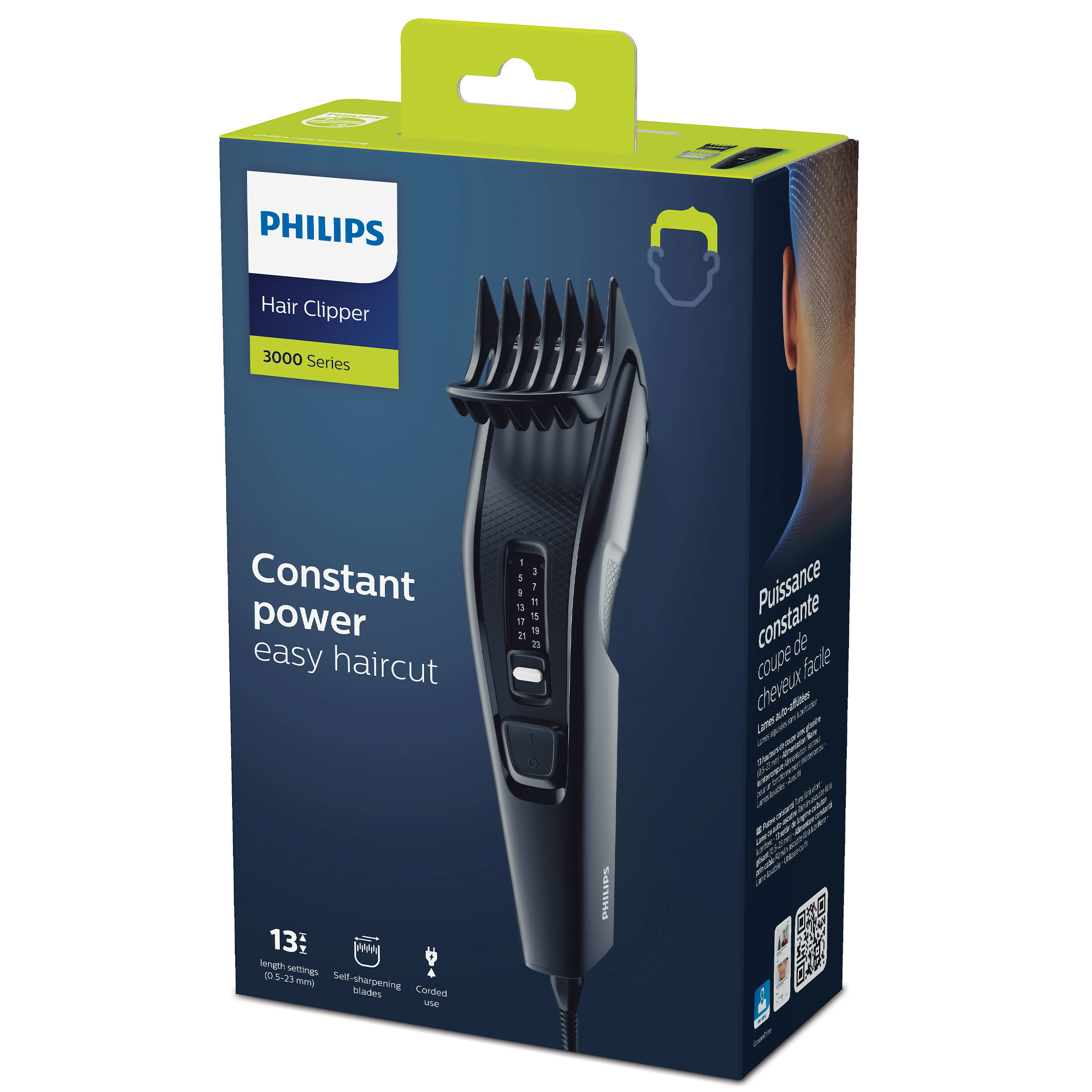 Pudełko do strzyżenia włosów. Czarna maszynka z ustawieniami, logo Philips i tekstem. Zielono-czarne pudełko.