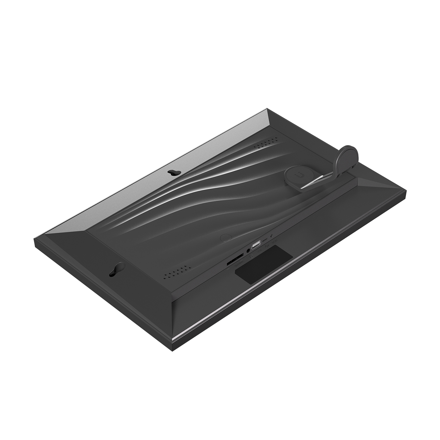Retro di cornice digitale che mostra porte e supporto, vista angolata, nero.