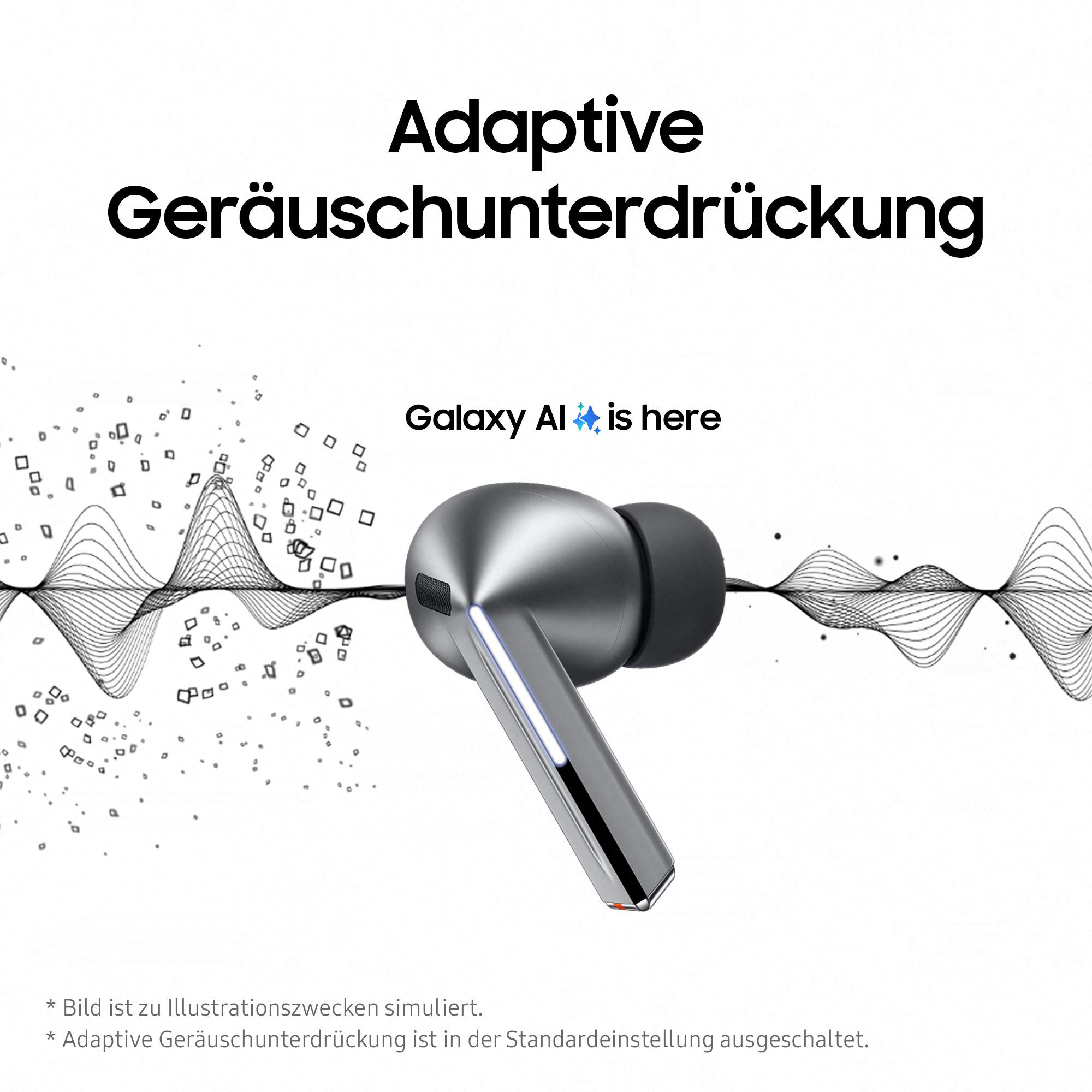 Silberne Ohrhörer mit Galaxy AI-Text links. Eine Schallwellengrafik befindet sich hinter dem Gerät.