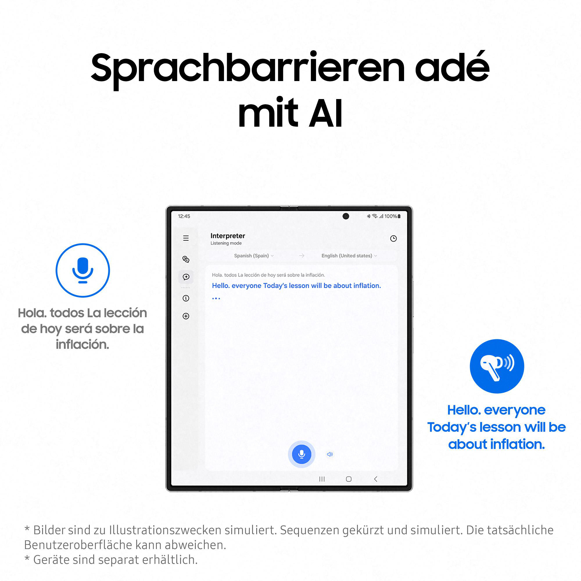 Tablet-Bildschirm zeigt Übersetzung auf Spanisch und Englisch, Text im Bild.