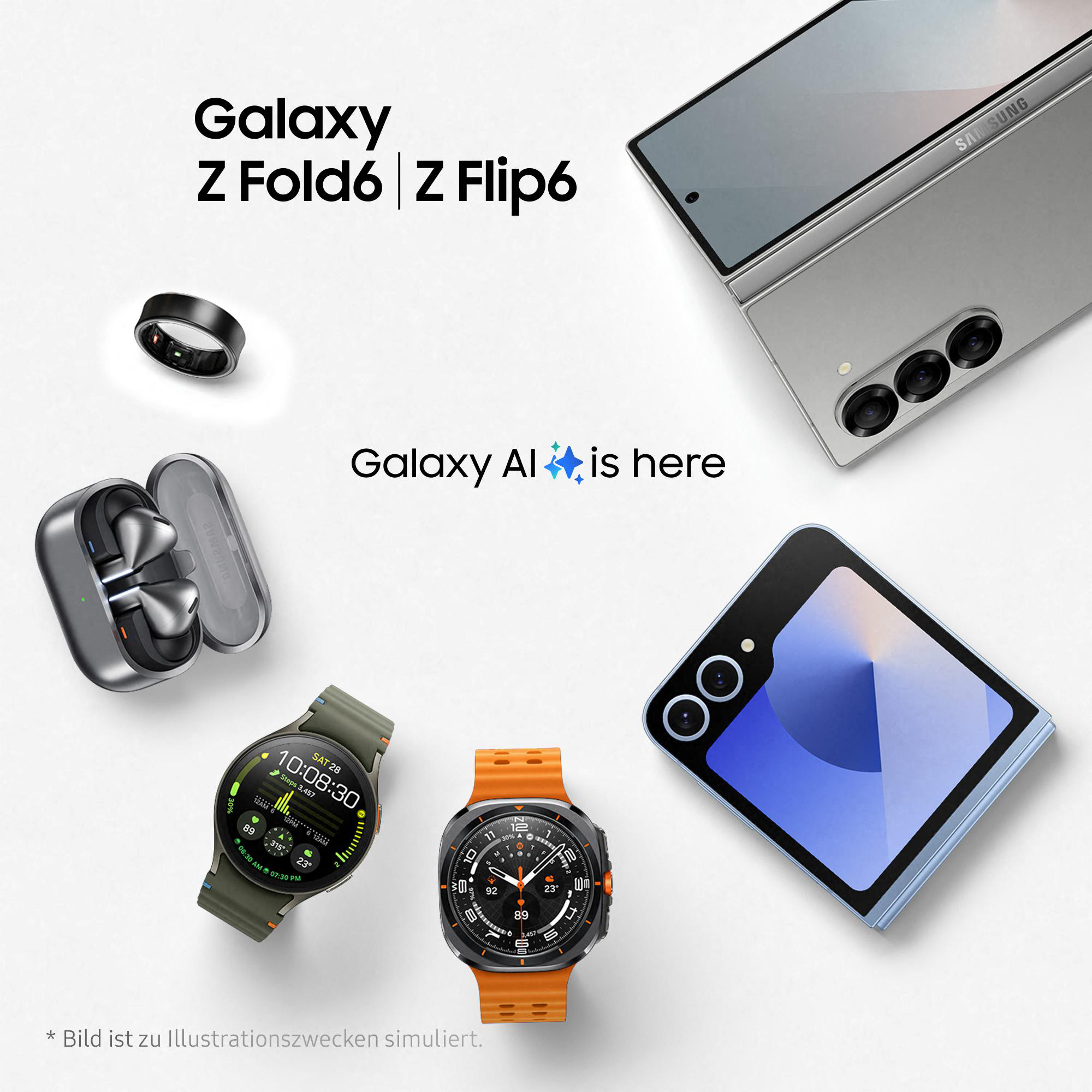 Eine Sammlung von Samsung-Produkten: Telefon, Uhr, Ohrhörer und Ring.
