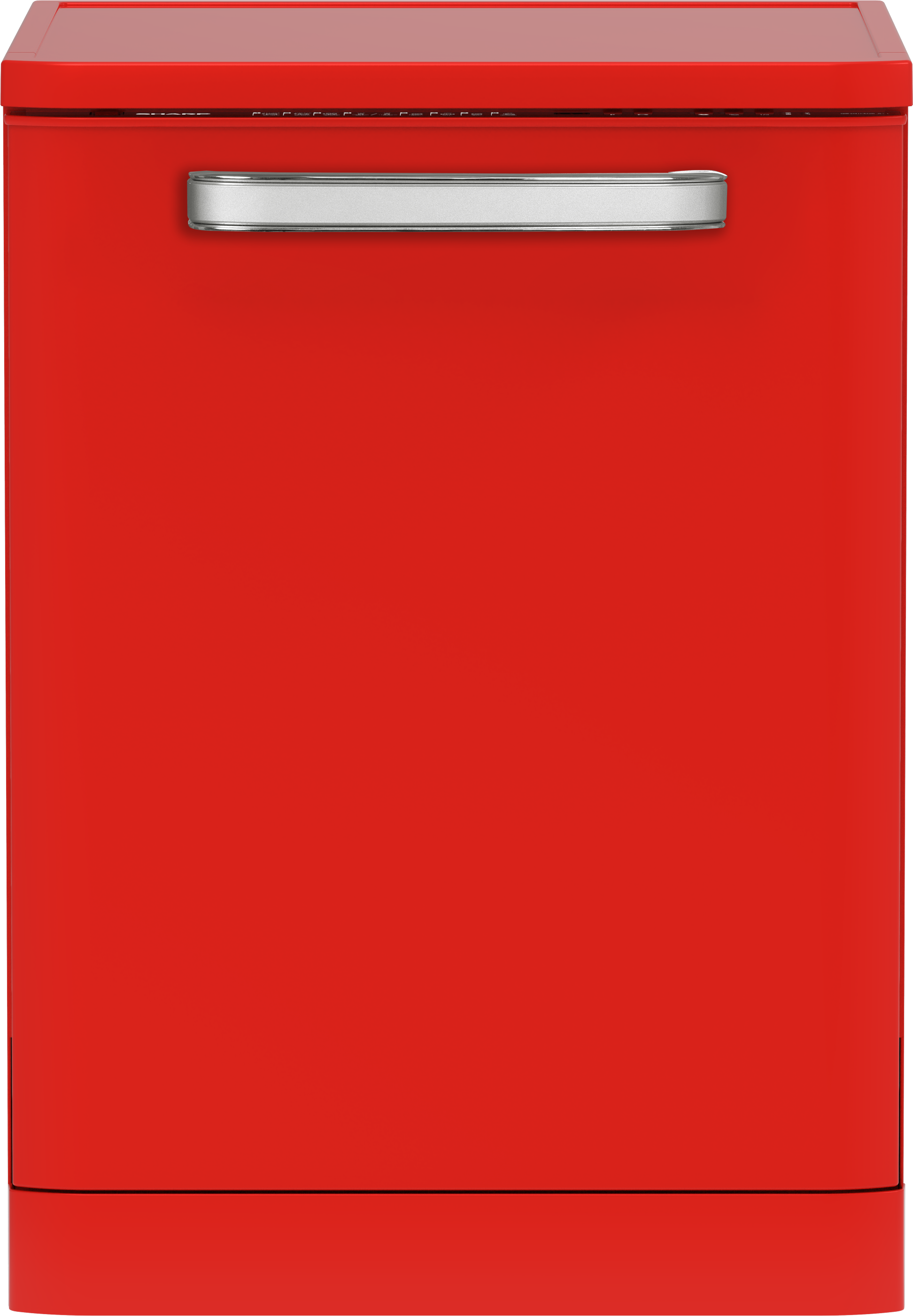 Ein roter rechteckiger Mülleimer mit silbernem Griff. Die Vorderseite ist schlicht, rot.