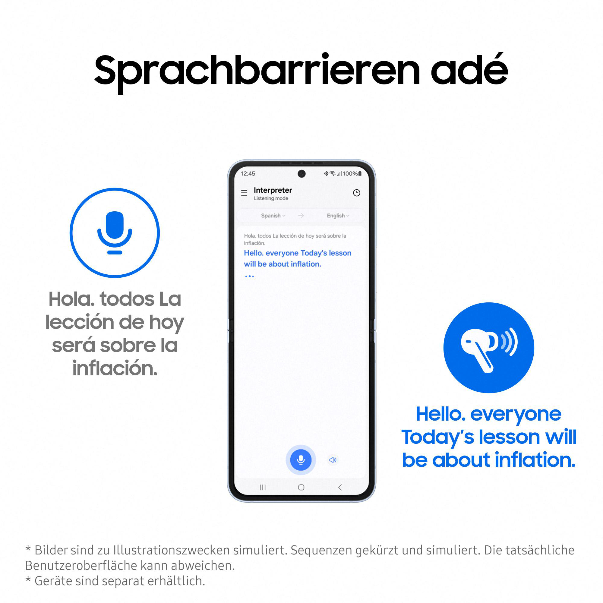 Smartphone zeigt Übersetzungs-App. Sprechblasen, Text auf Spanisch und Englisch. Weißer Hintergrund.