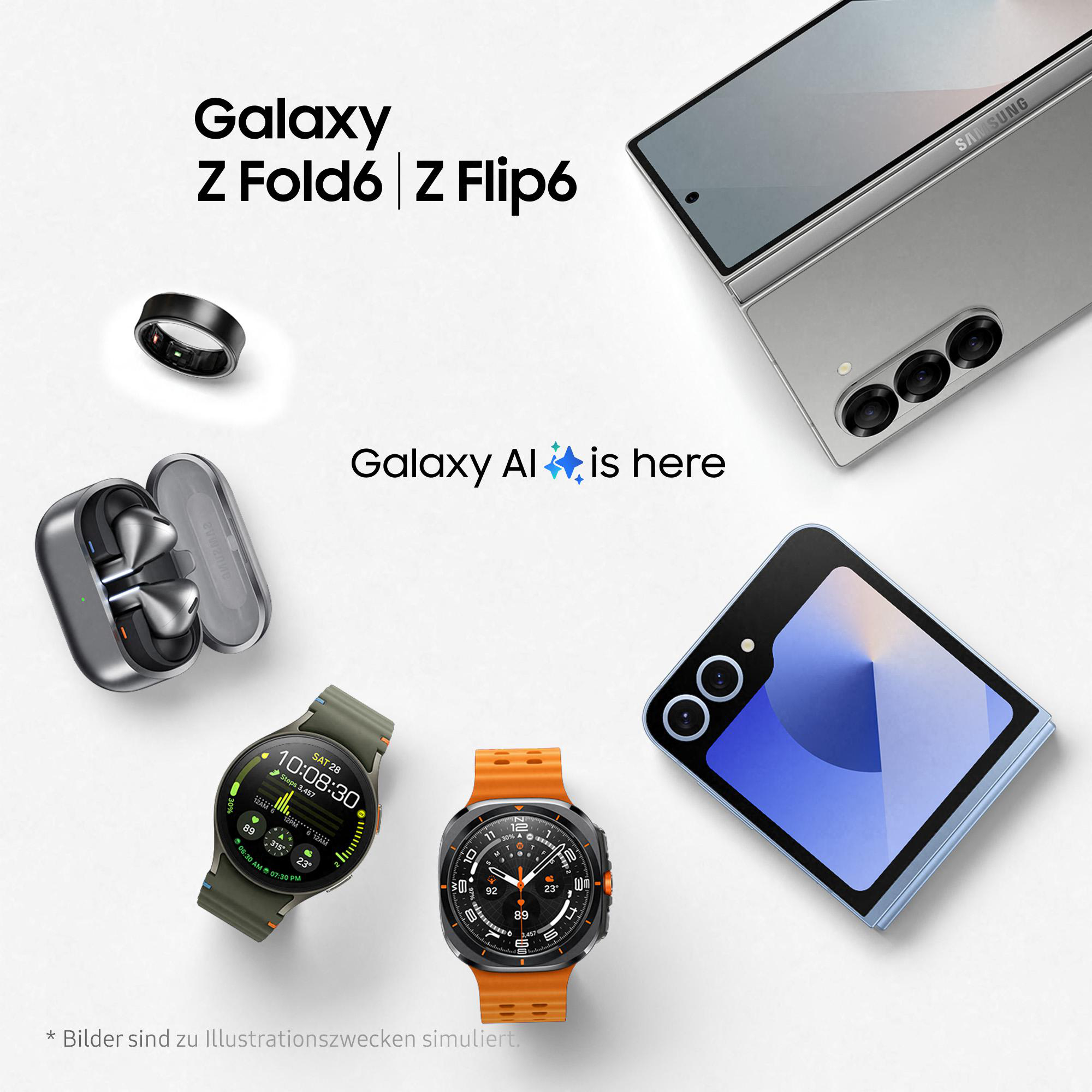Verschiedene Tech-Produkte auf weißer Oberfläche. Telefone, Smartwatches, Ohrhörer und ein Ring. Galaxy AI ist da.