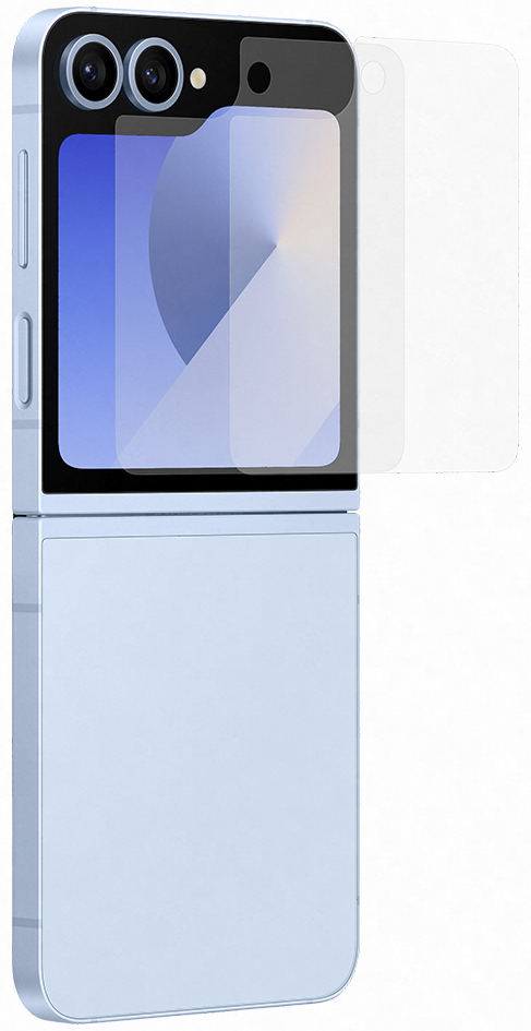 Jasnoniebieski telefon Samsung Galaxy Z Flip, rozłożony. Zastosowano osłonę ekranu.