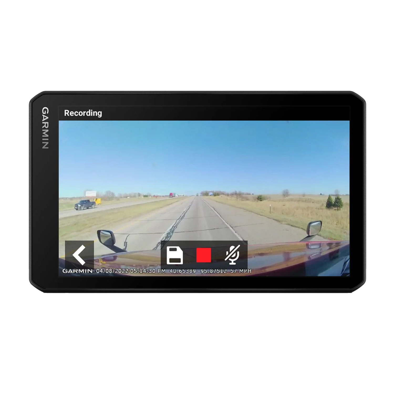 Una dash cam Garmin che registra una strada. L'immagine mostra un'auto e alberi su entrambi i lati.