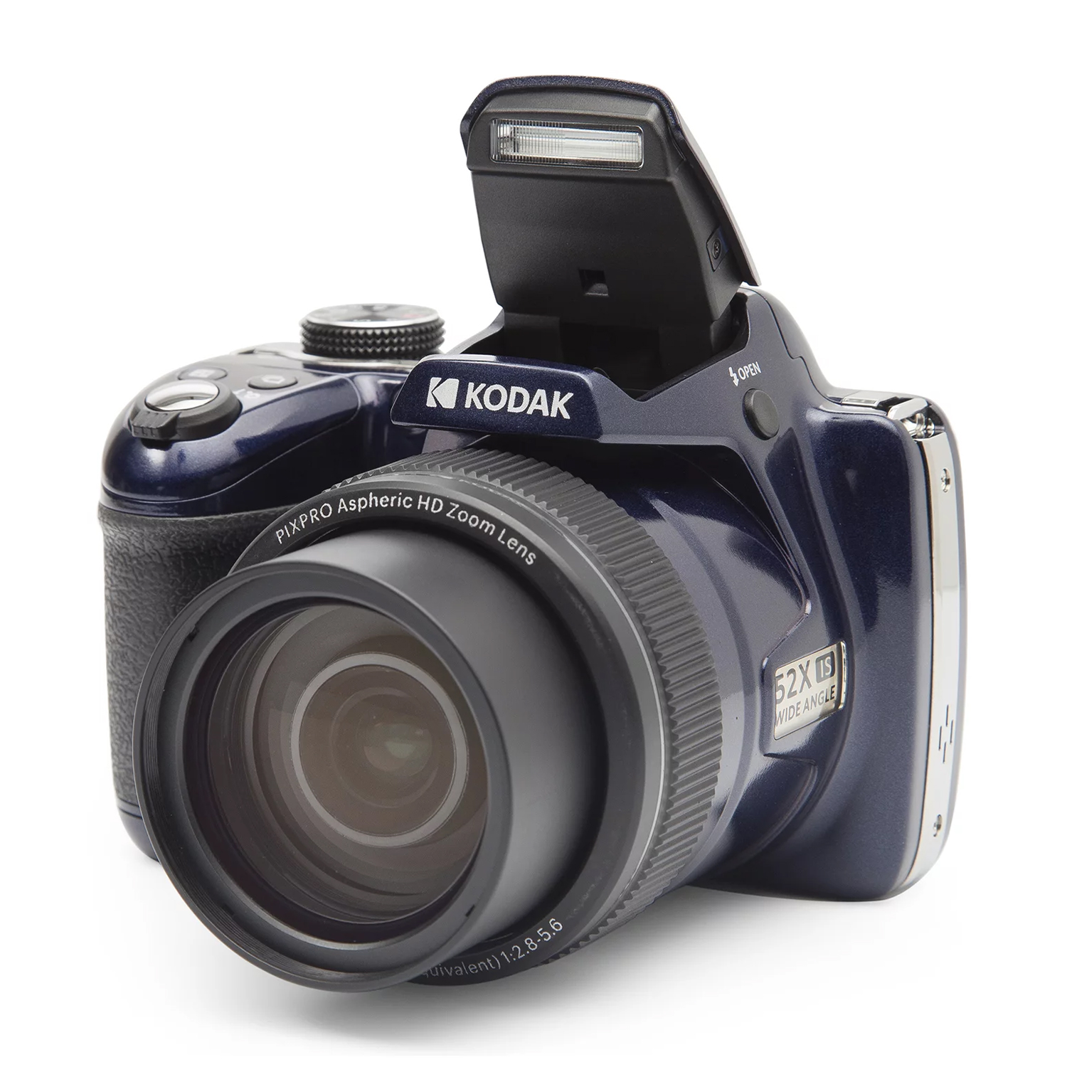 Una fotocamera Kodak blu scuro con obiettivo zoom e flash aperto.