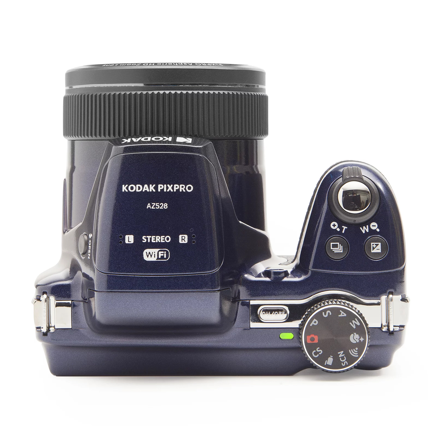 Una fotocamera Kodak Pixpro blu scuro è su una superficie bianca. Ha un obiettivo e pulsanti.