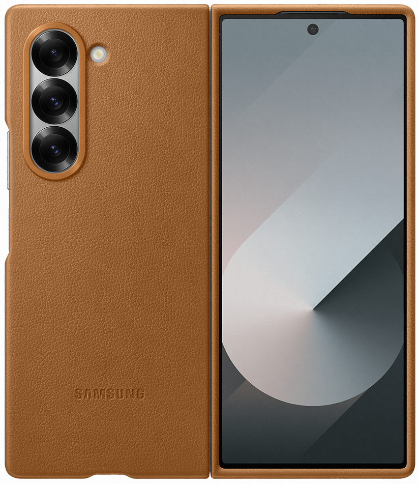 Brązowe skórzane etui na telefon, otwarte, aby pokazać telefon z ekranem i zamknięty telefon obok.