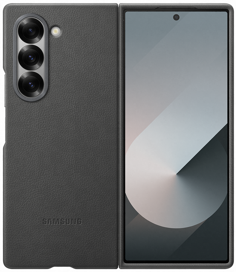 Szare składane etui na telefon. Trzy kamery po lewej. Otwarty ekran z gradientem.