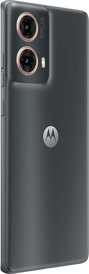 Egy sötétszürke Motorola telefon hátulja, két kamerával és logóval.