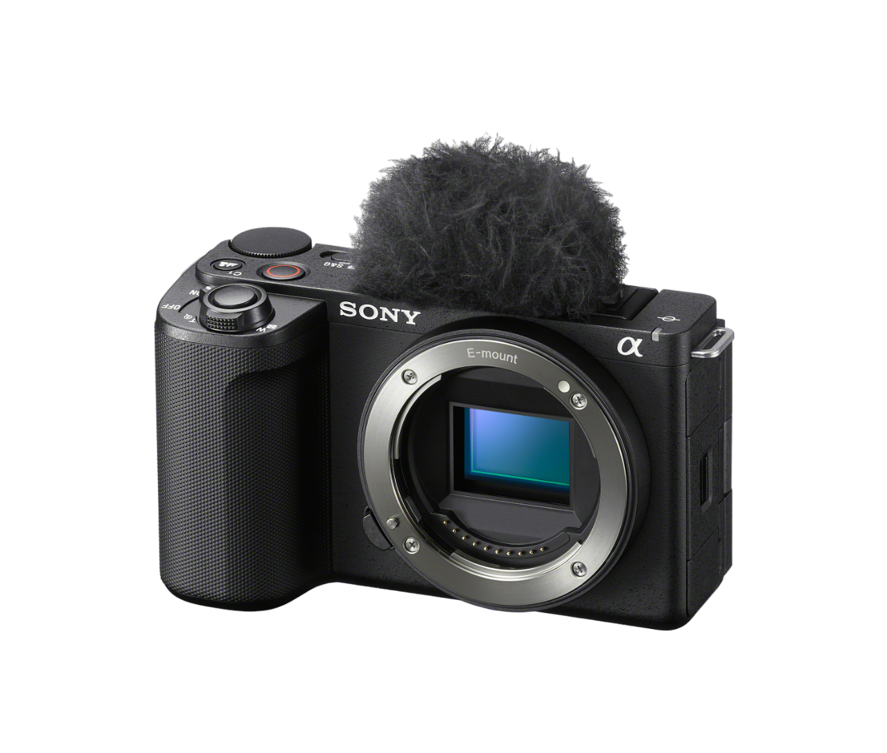 Schwarze Sony Kamera mit Mikrofon. Die Kamera hat ein E-Mount-Objektiv und ein flauschiges Mikrofon.