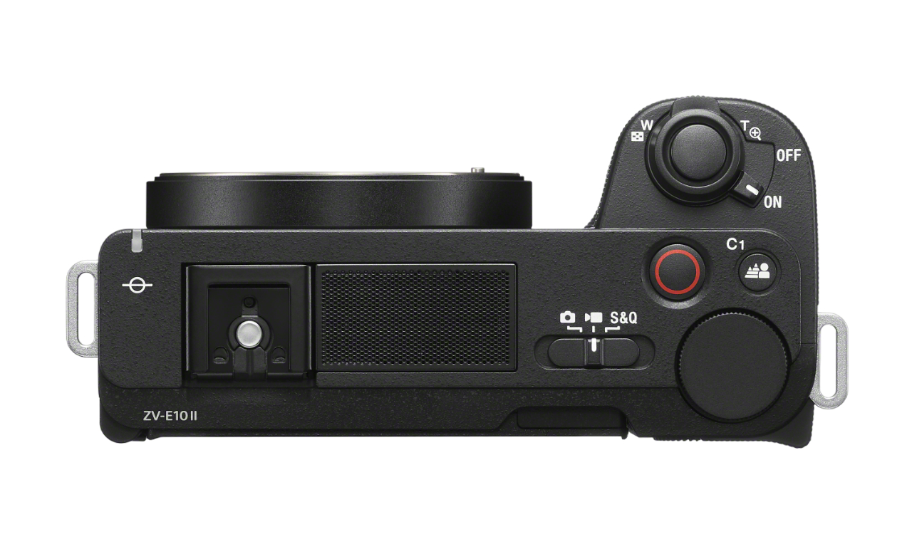 Draufsicht auf eine schwarze Sony ZV-E10 II Kamera mit Tasten und Bedienelementen.
