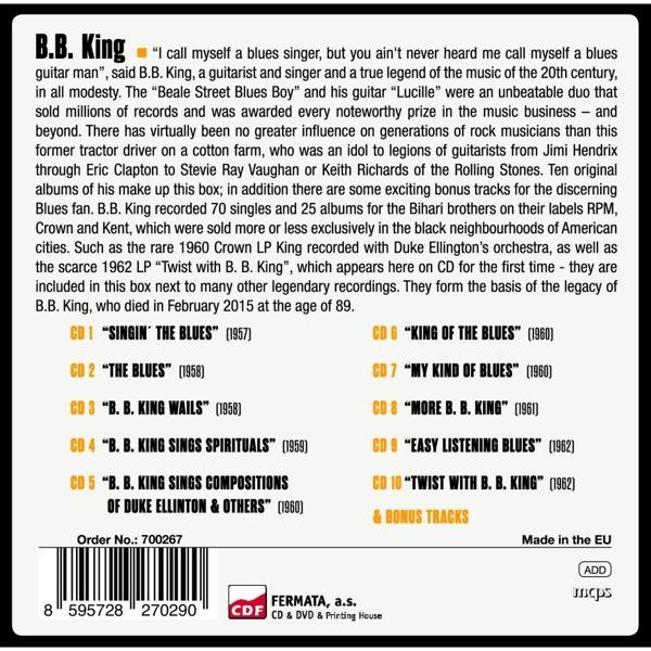 B.B. King CD-Box mit Titelliste, Biografie und Barcode.