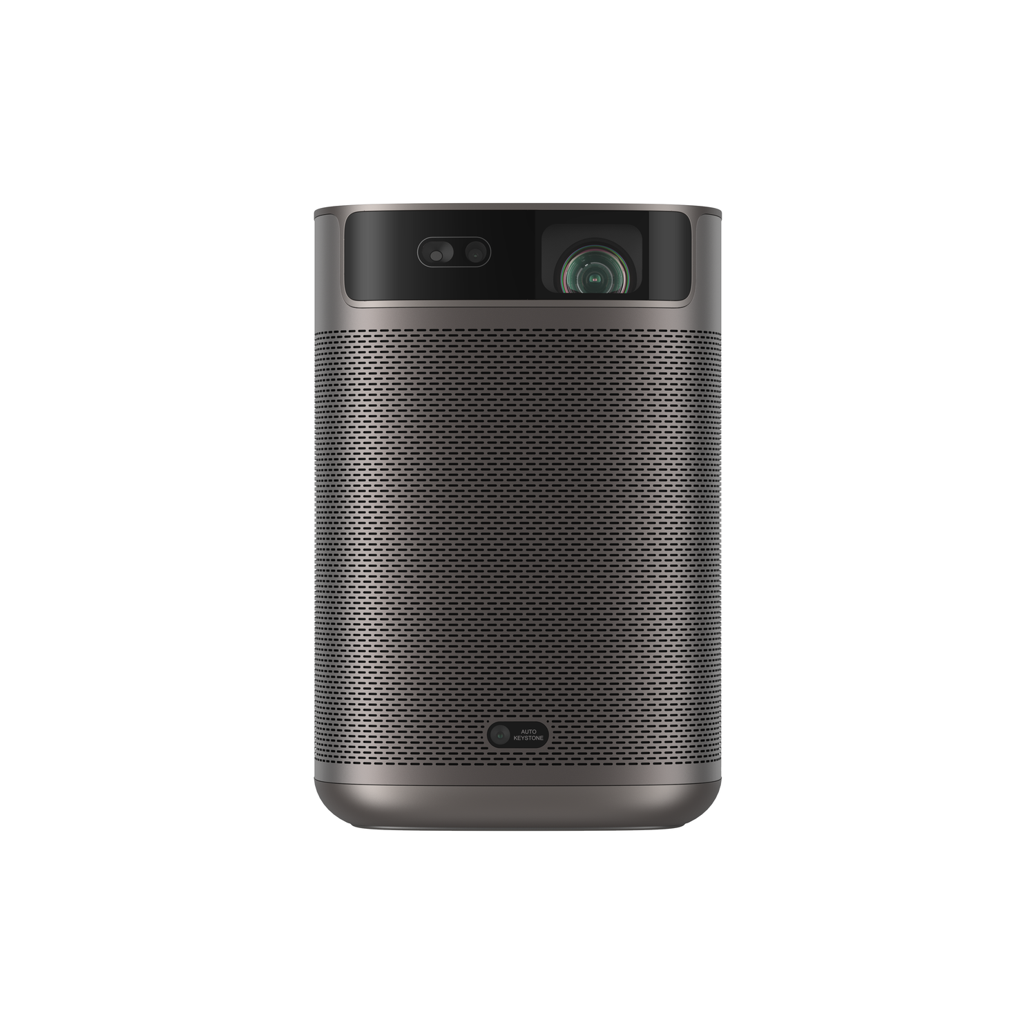 A dark gray projector with a camera lens.  The background is white.