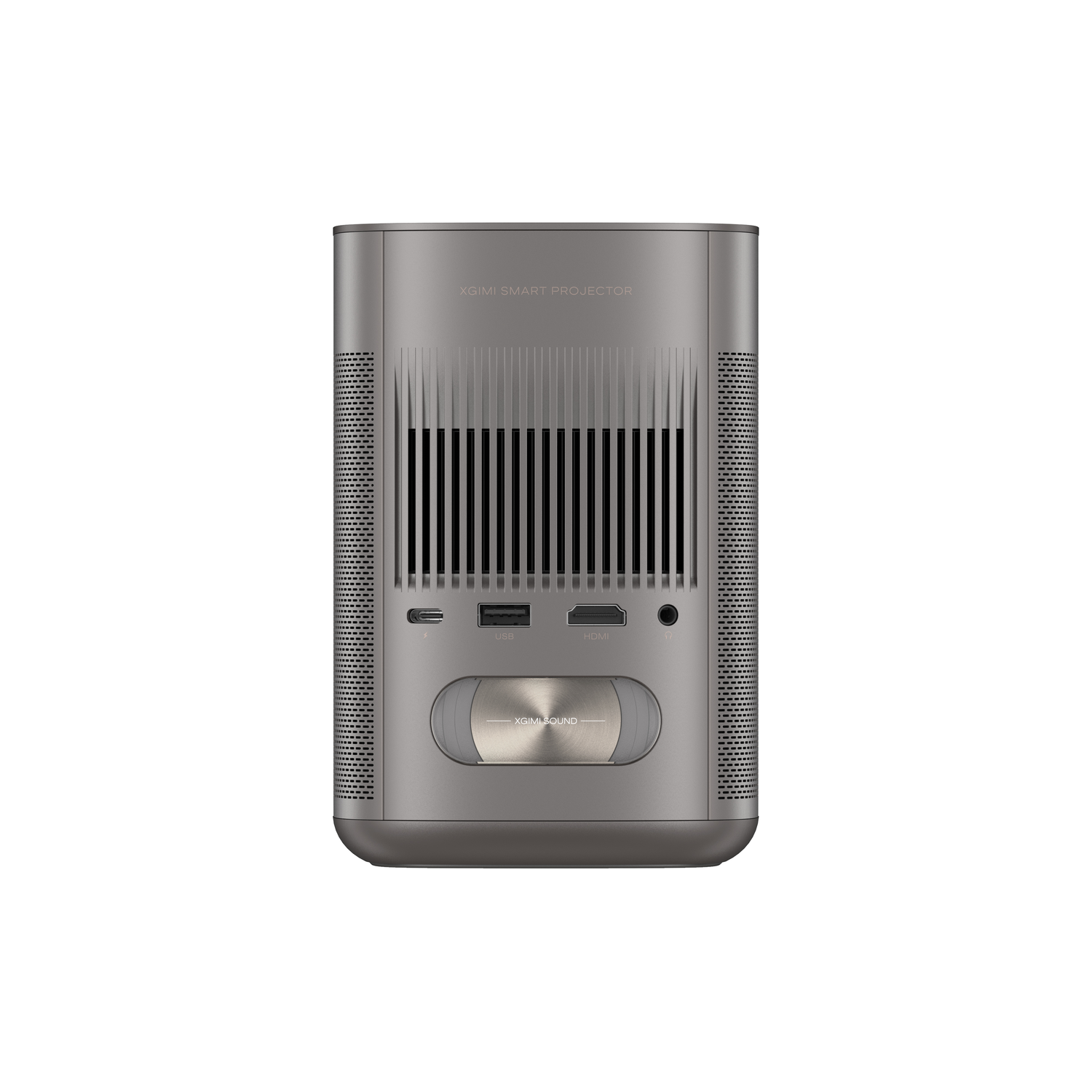 Gray projector with vertical lines. Ports visible. The XGIMI logo is in the middle.