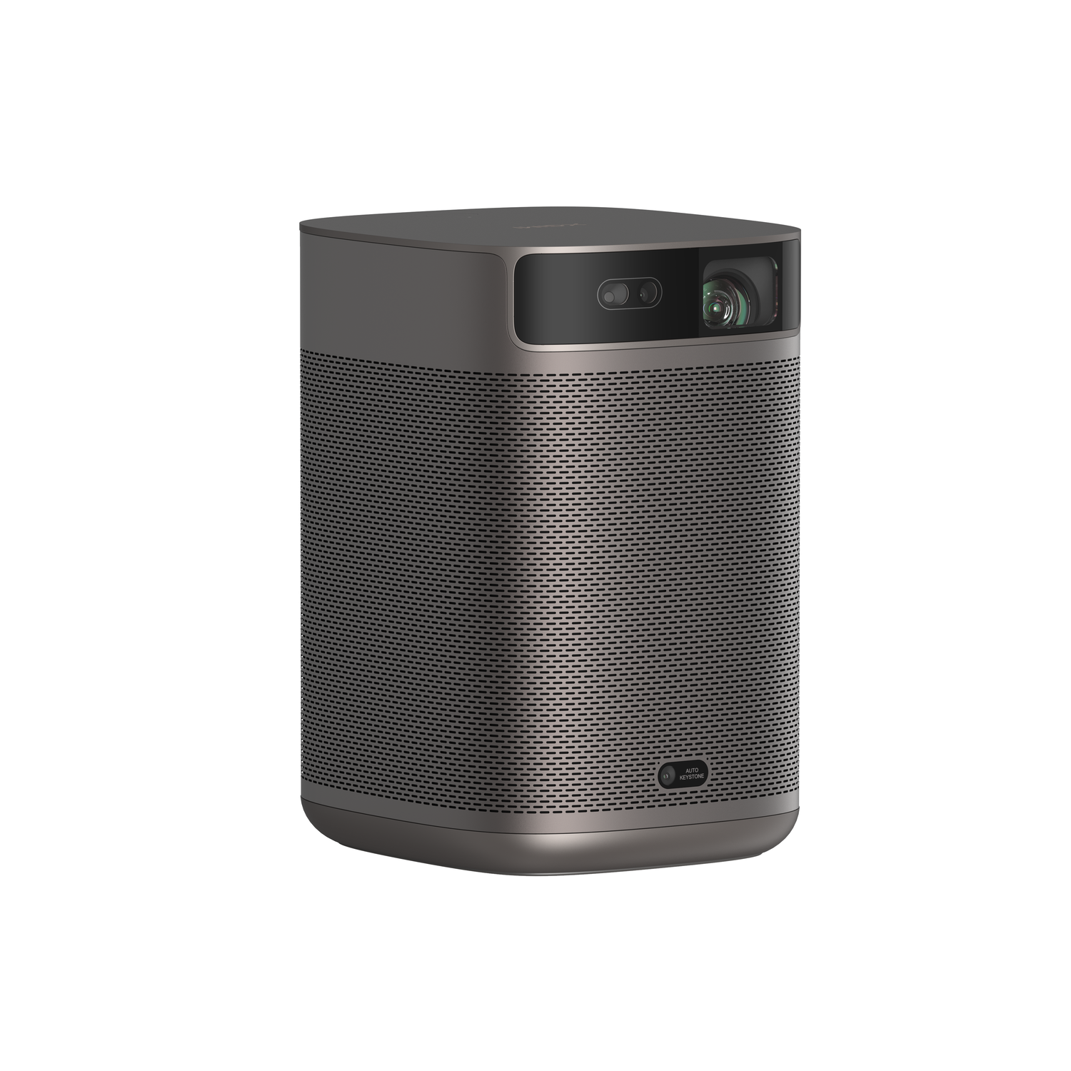 A cylindrical projector with a grey body. It has a lens and a speaker grille.