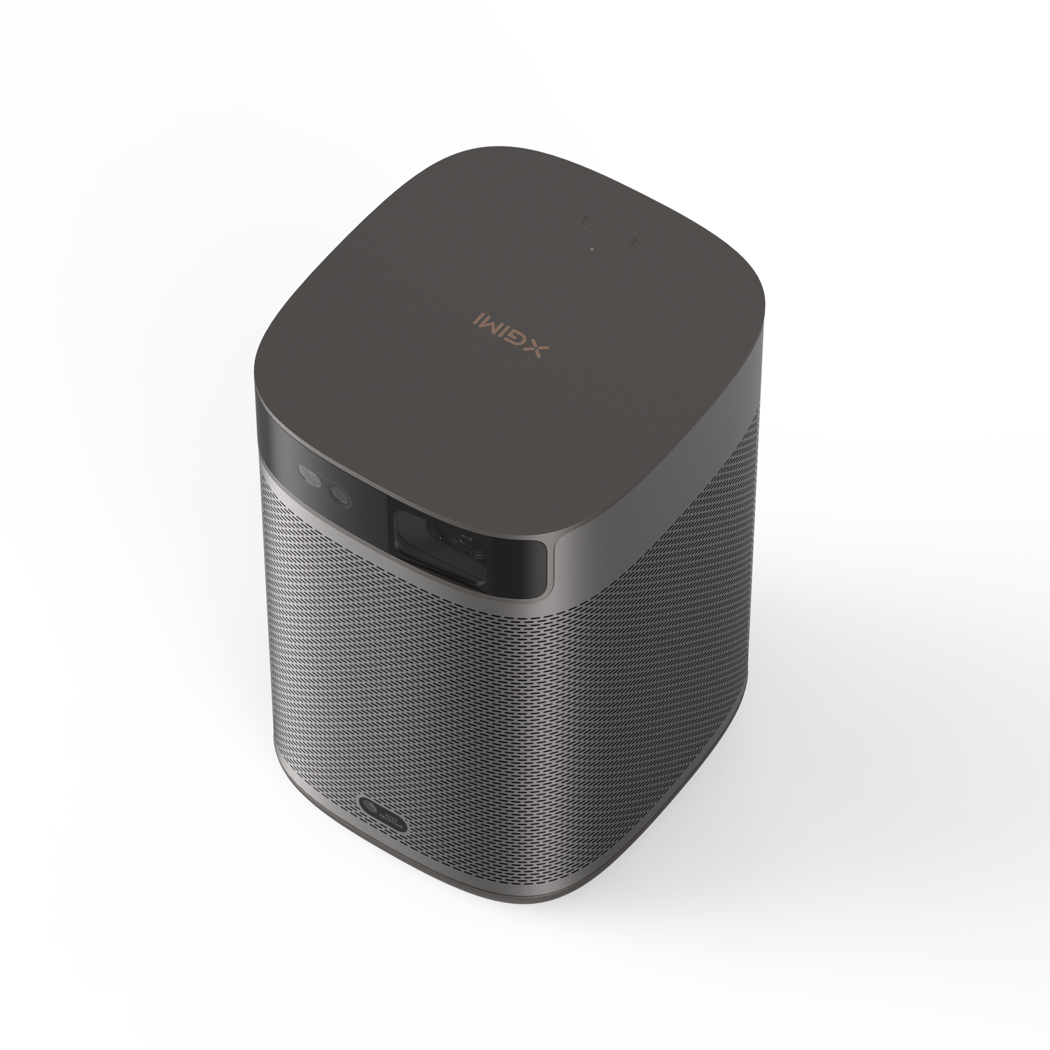 Dark gray XGIMI projector with a speaker, top view, on a white surface.