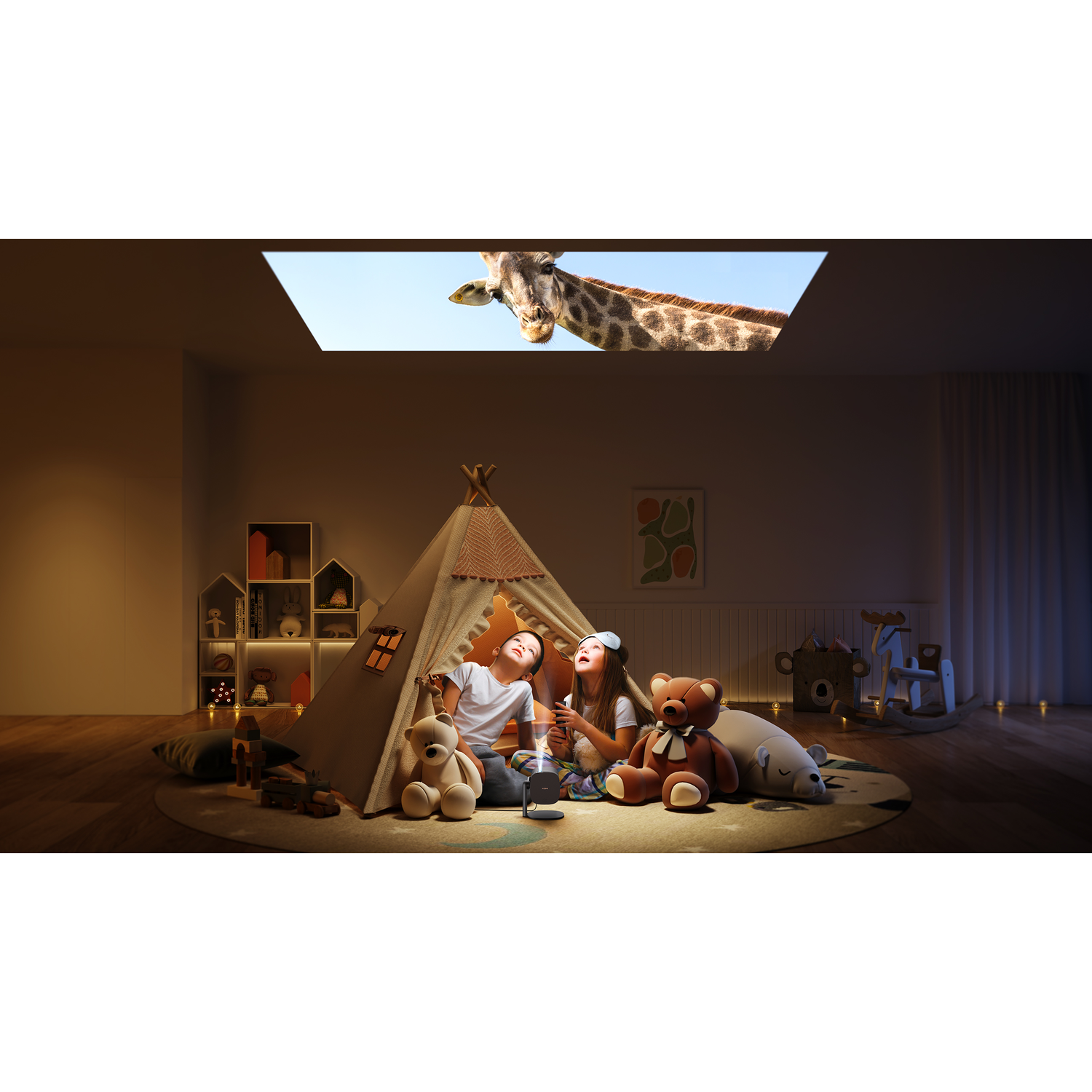 Kids look up at a giraffe projection on the ceiling in a room with a tent.