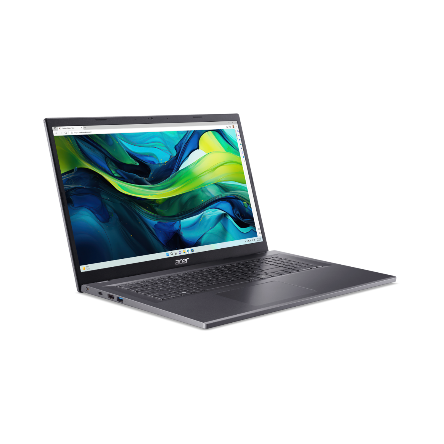Acer laptop op een zwart oppervlak, scherm toont een webpagina, open.