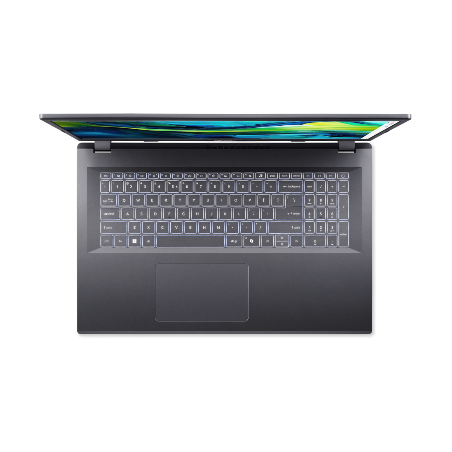Laptop, bovenaanzicht, open, verlicht toetsenbord, scherm met kleurverlopen, zwarte achtergrond.