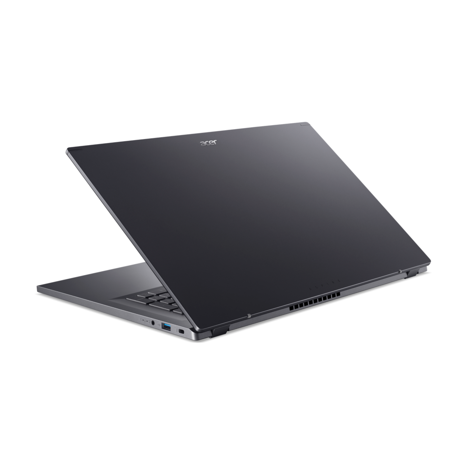 Een donkergrijze laptop staat open in een hoek van 45 graden, het scherm wijst omhoog.