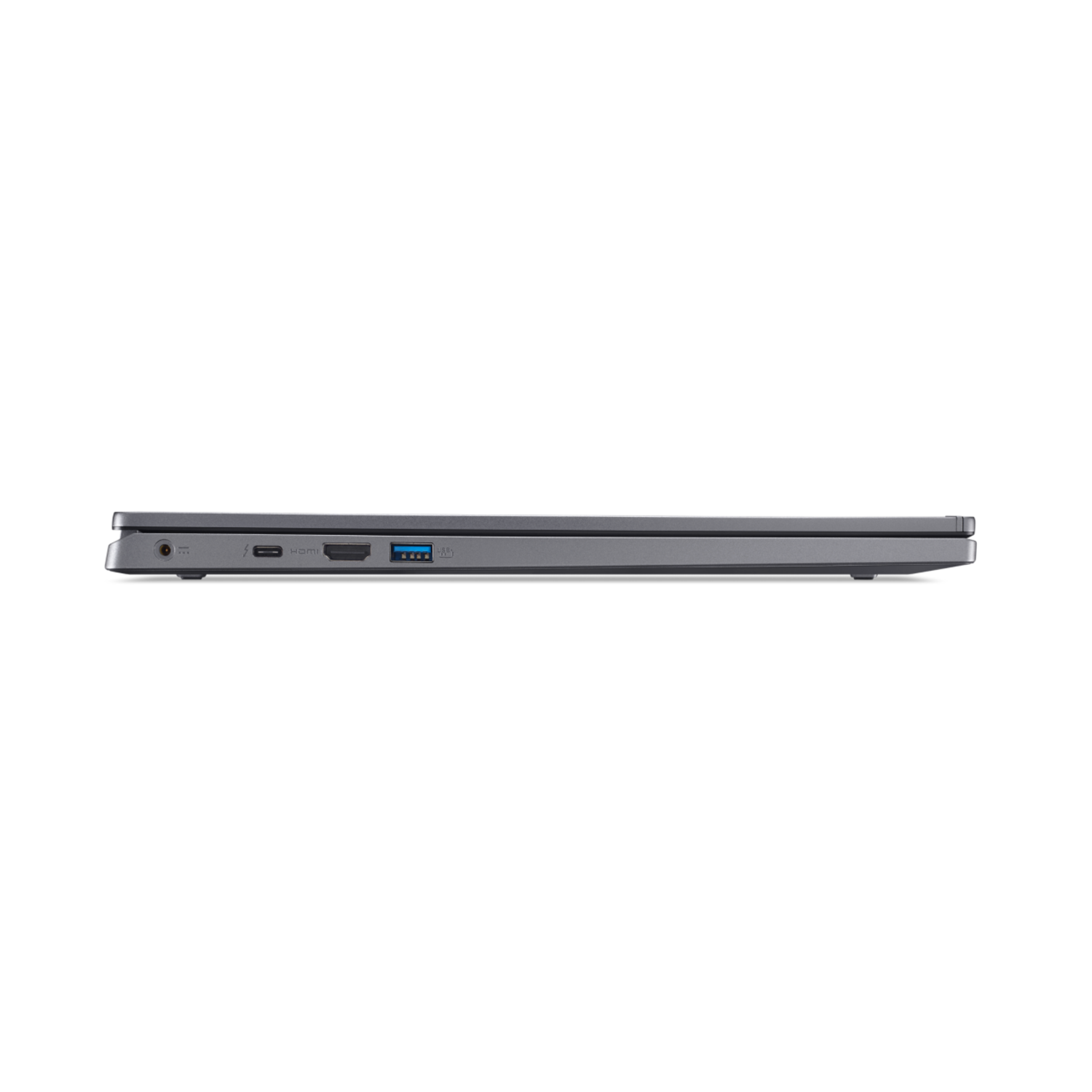 Zijaanzicht van een zilveren laptop met zichtbare poorten. Zwarte achtergrond.
