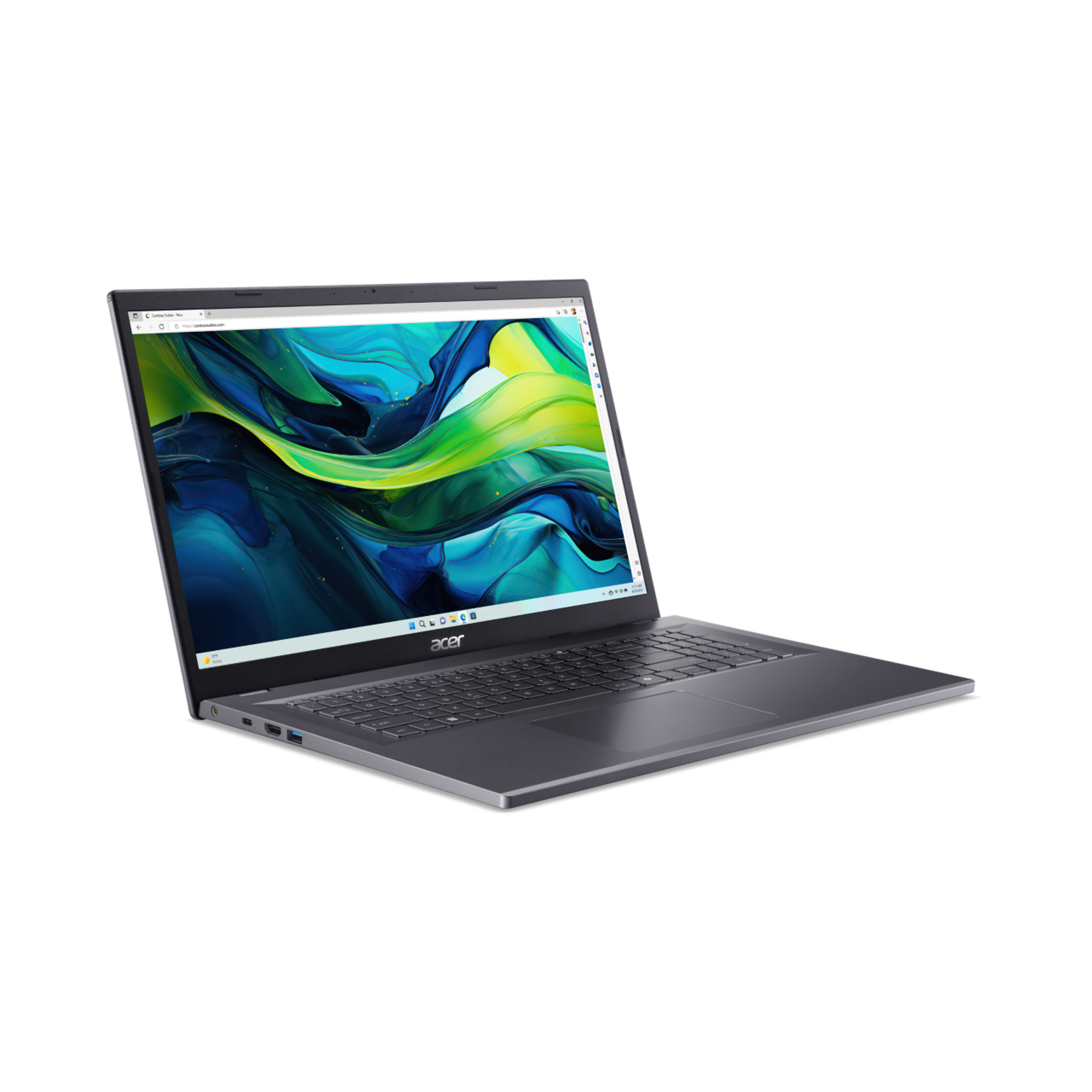 A silver Acer laptop open on a black background. The screen displays a colorful abstract image. The keyboard is visible.
