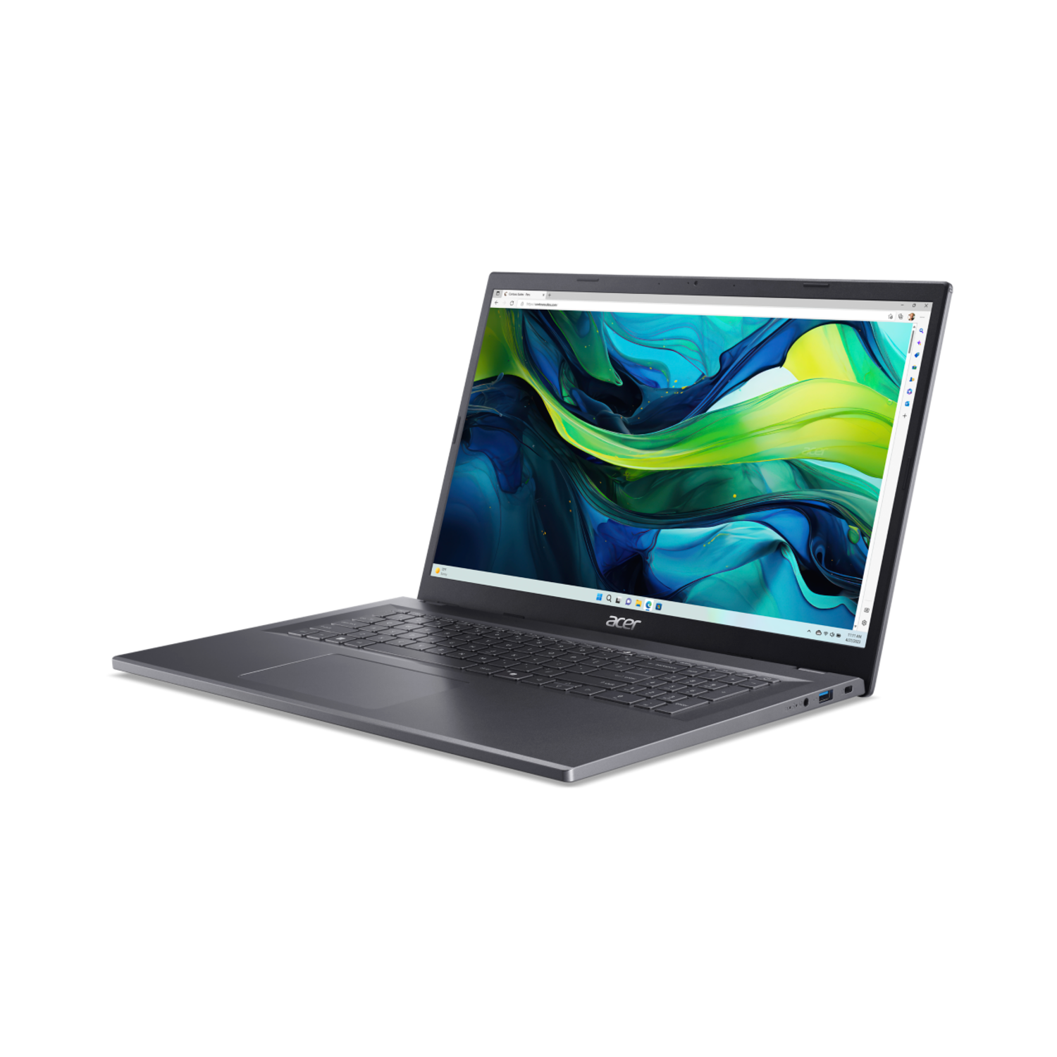 A silver Acer laptop is open, displaying a colorful abstract image on the screen. The background is solid black.