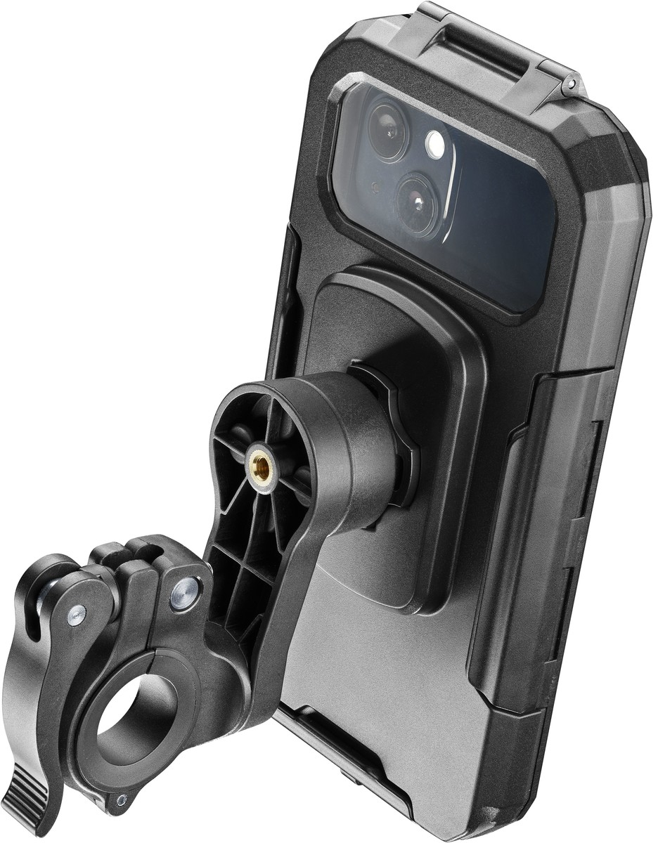 Custodia per telefono nera collegata a un supporto per bici. Il telefono è visibile all'interno.