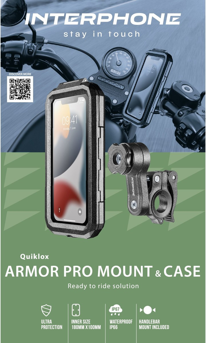 Supporto e custodia per telefono da moto neri con informazioni sul prodotto su sfondo bianco.