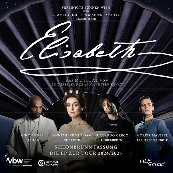 Poster für das Musical 'Elisabeth' mit 4 Schauspielern in Kostümen und Text.