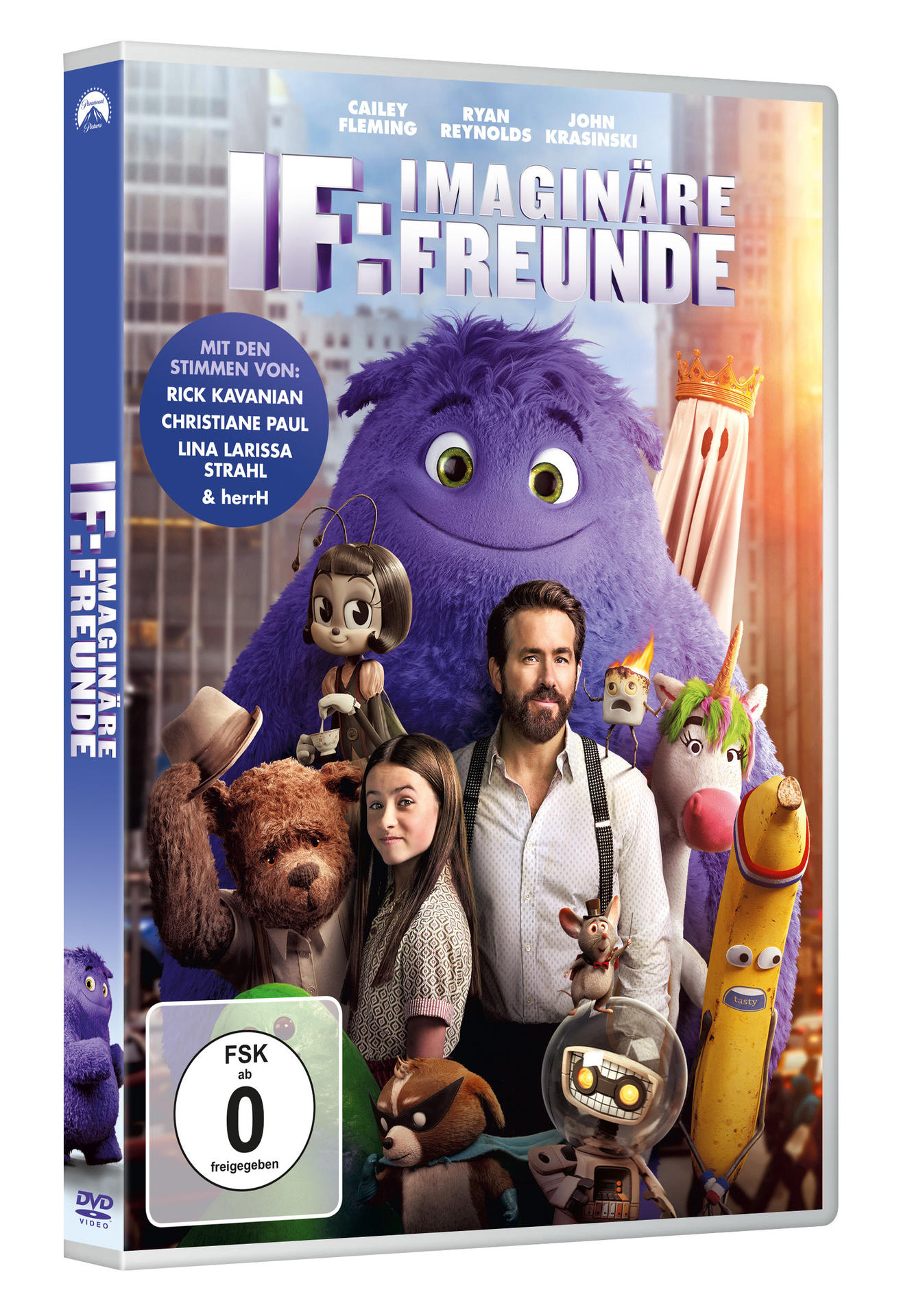 DVD-Cover des Films "IF: Imaginäre Freunde" mit Figuren, darunter ein lila Monster.