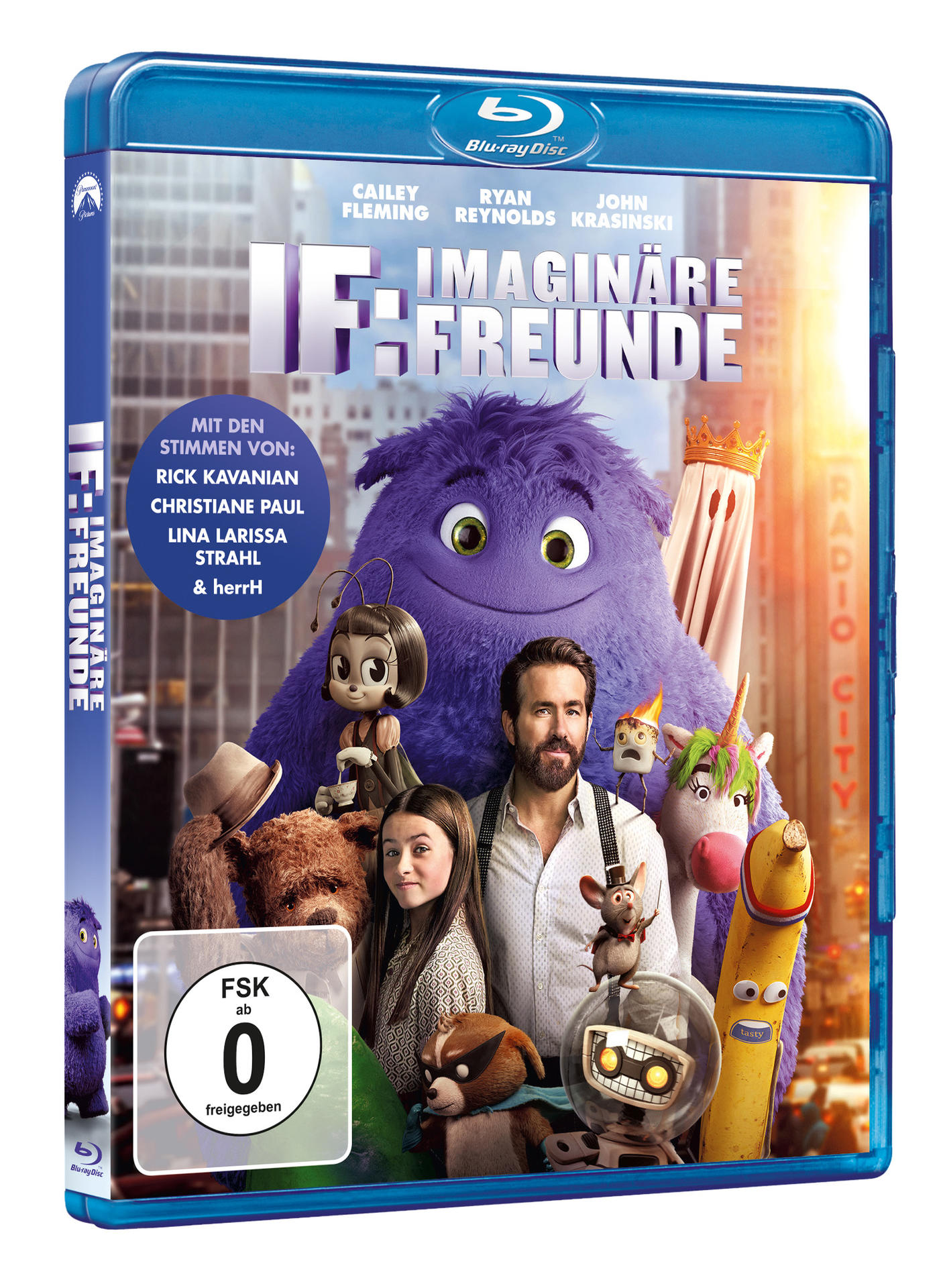Blu-ray-Disc-Cover des Films "IF". Es zeigt Charaktere und Schauspieler mit einem farbenfrohen Design.