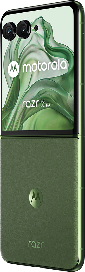 Zöld összecsukható telefon nyitva. A kijelzőn a Motorola logója és zöld absztrakt minta látható.